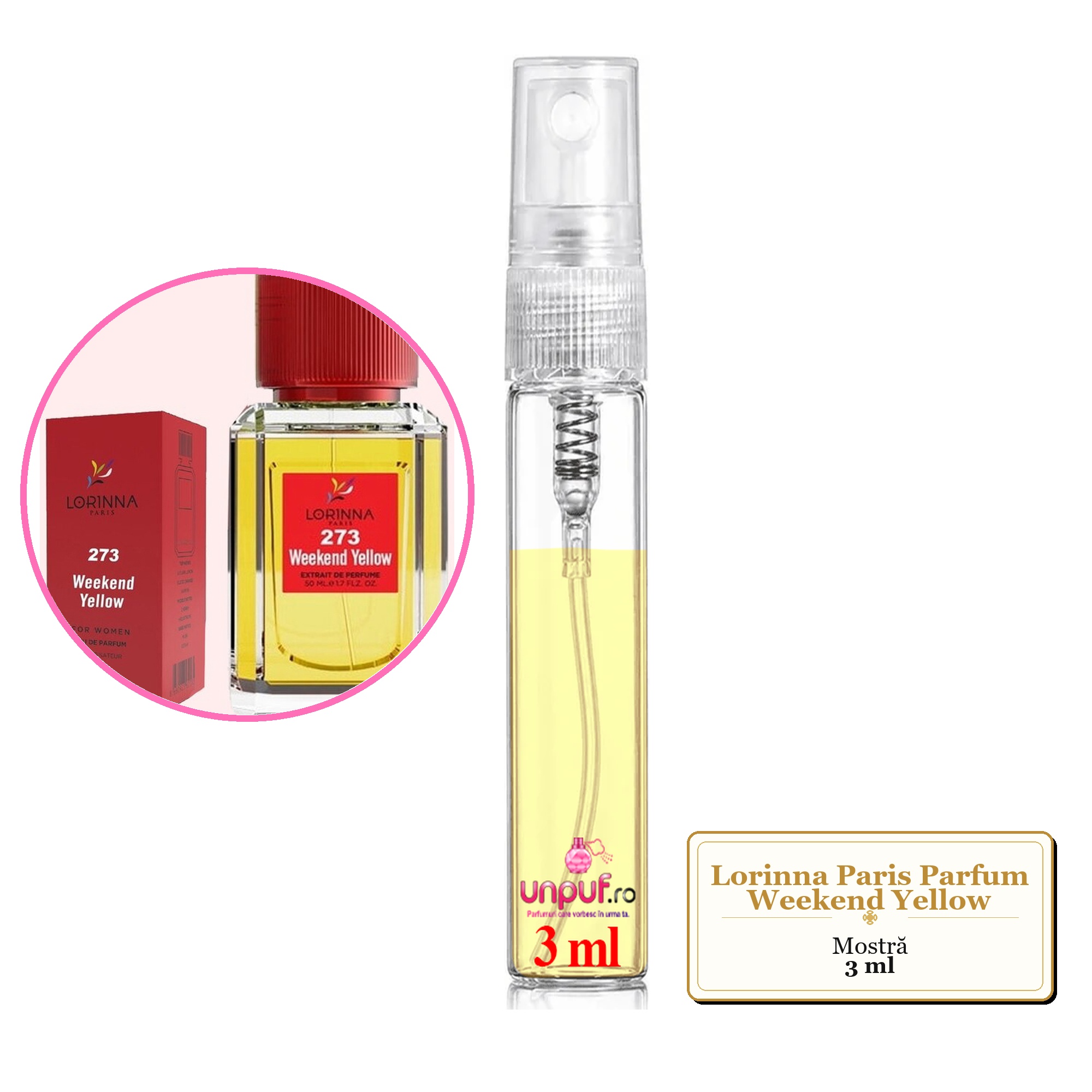 Mostra fiola din Parfumul Lorinna Paris Weekend Yellow, decant sticla cu pulverizator