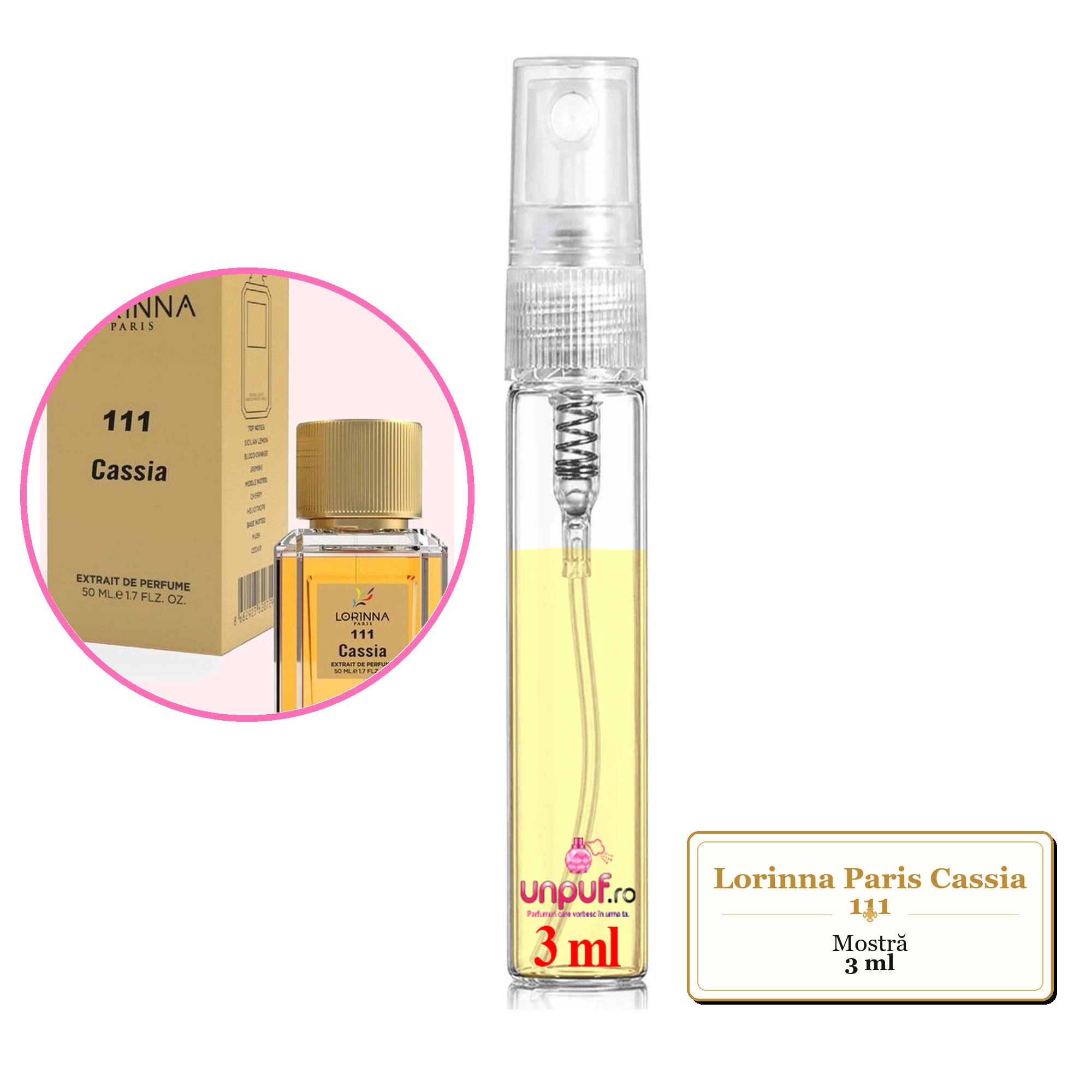 Mostra fiola din Parfumul Lorinna Paris Cassia 111, decant sticla cu pulverizator
