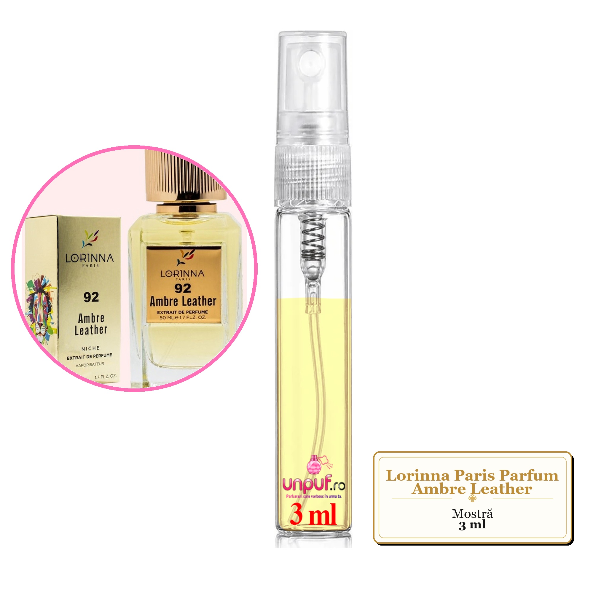 Mostra fiola din Parfumul Lorinna Paris Ambre Leather, decant sticla cu pulverizator