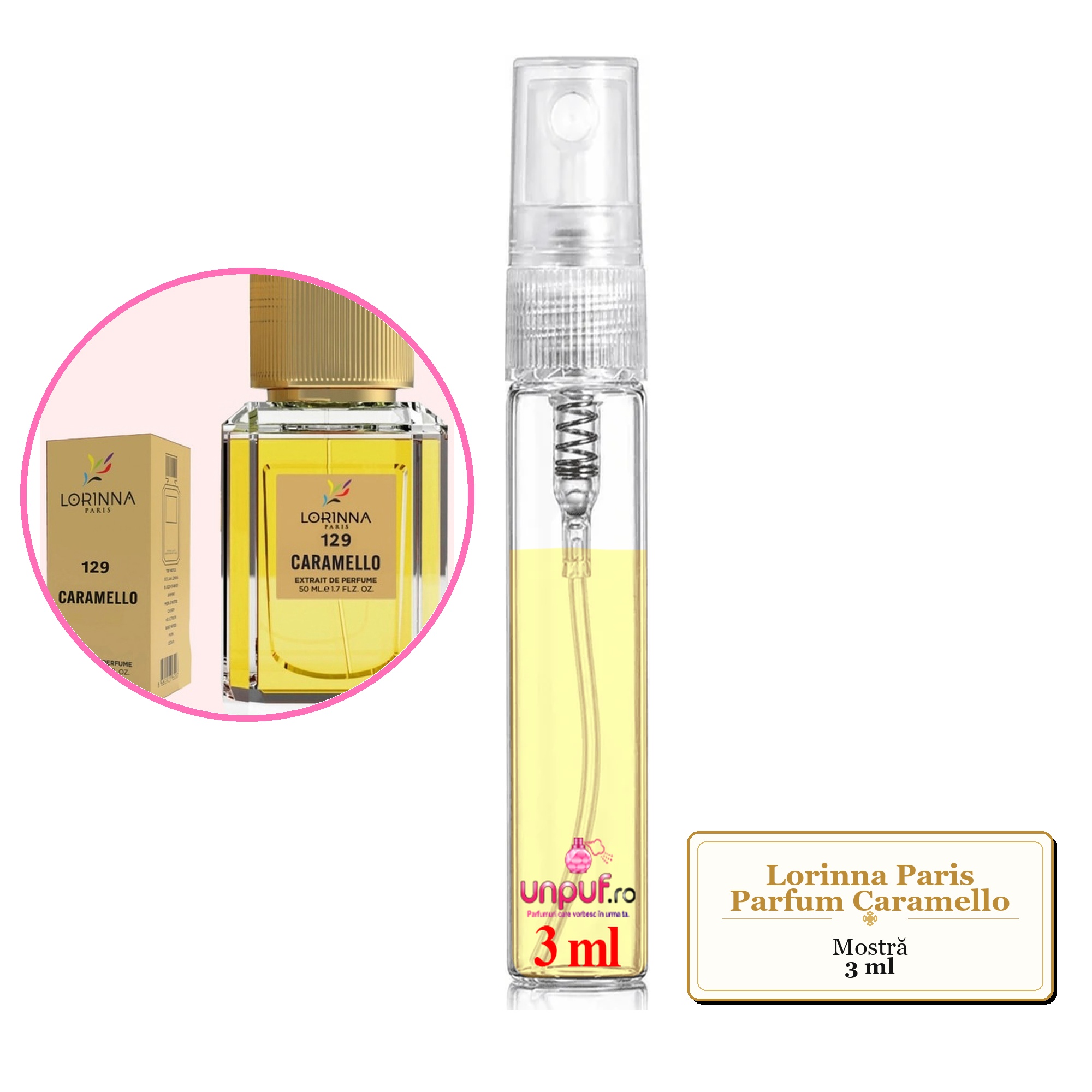Mostra fiola din Parfumul Lorinna Paris Caramello, decant sticla cu pulverizator
