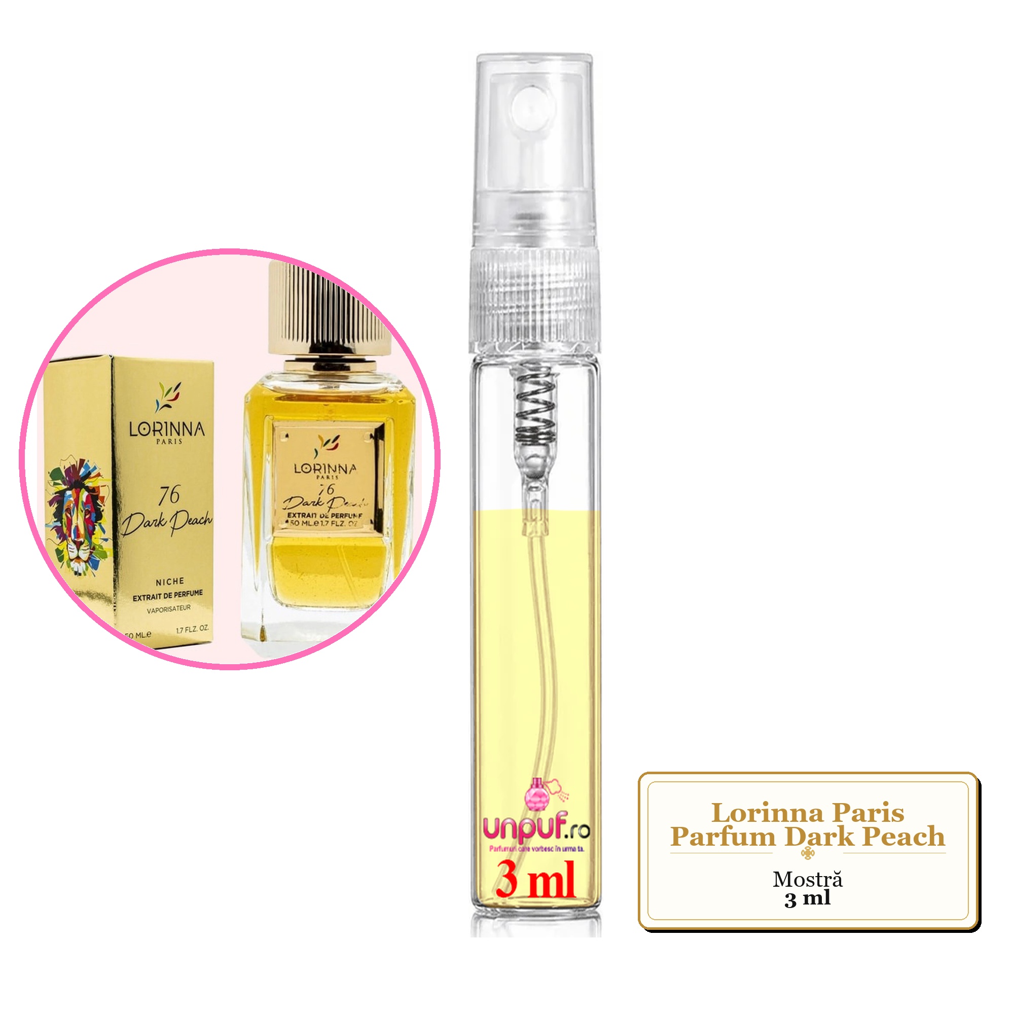 Mostra fiola din Parfumul Lorinna Paris Dark Peach, decant sticla cu pulverizator