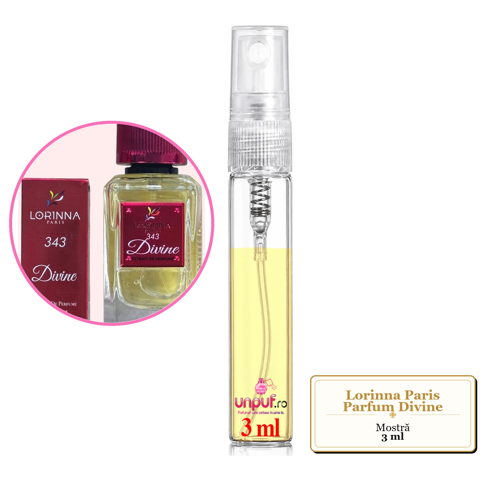 Mostra fiola din Parfumul Lorinna Paris Divine, decant sticla cu pulverizator
