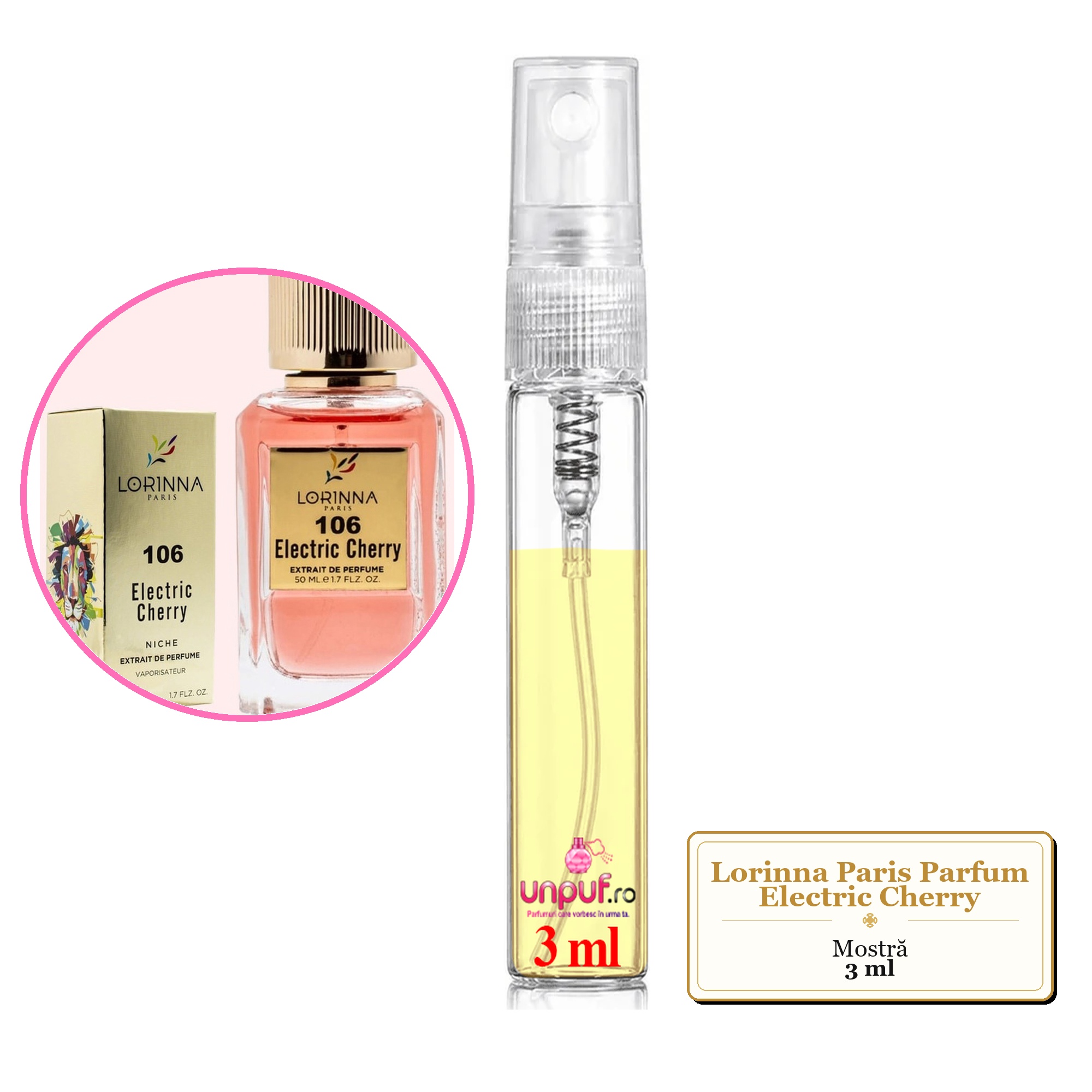 Mostra fiola din Parfumul Lorinna Paris Electric Cherry, decant sticla cu pulverizator
