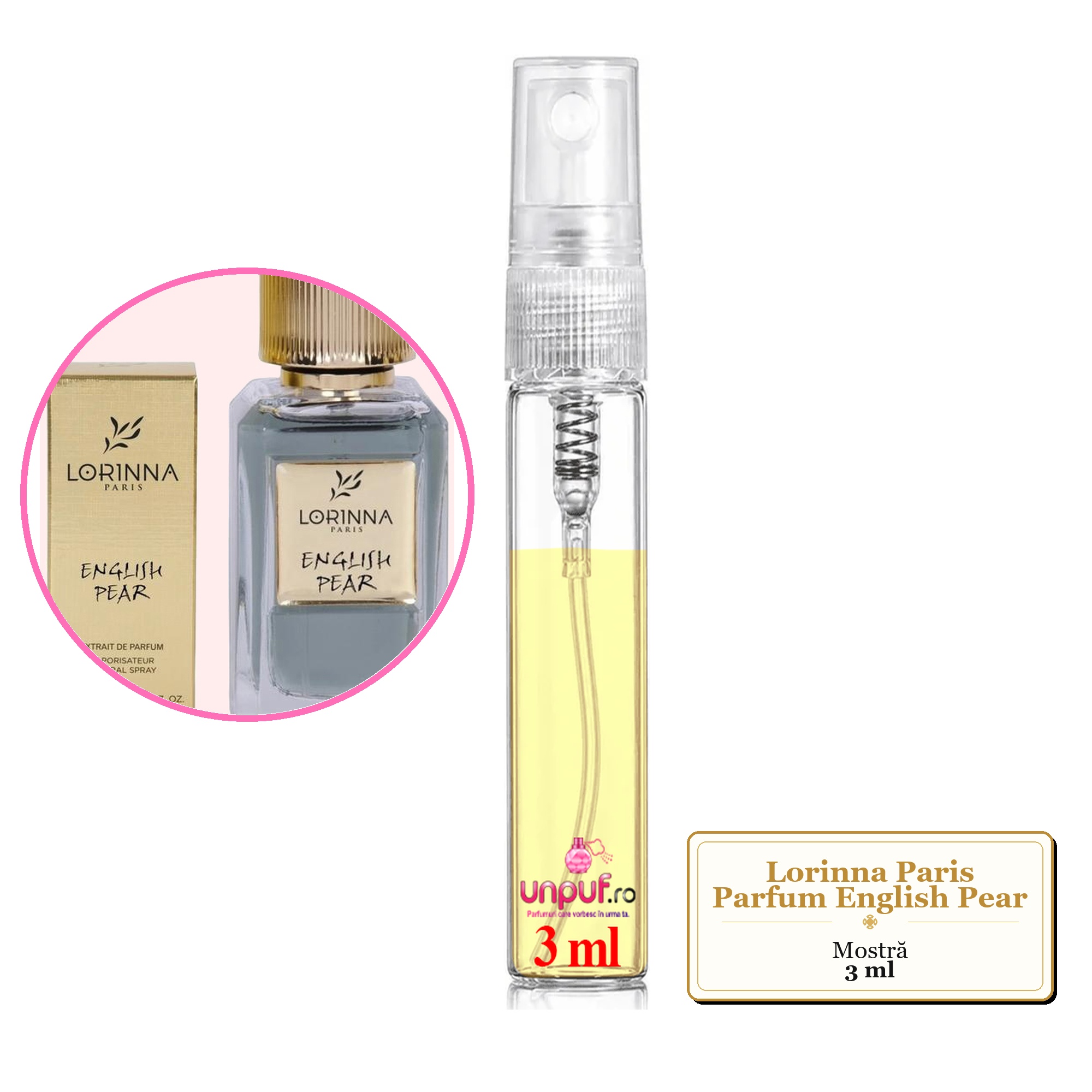 Mostra fiola din Parfumul Lorinna Paris English Pear, decant sticla cu pulverizator