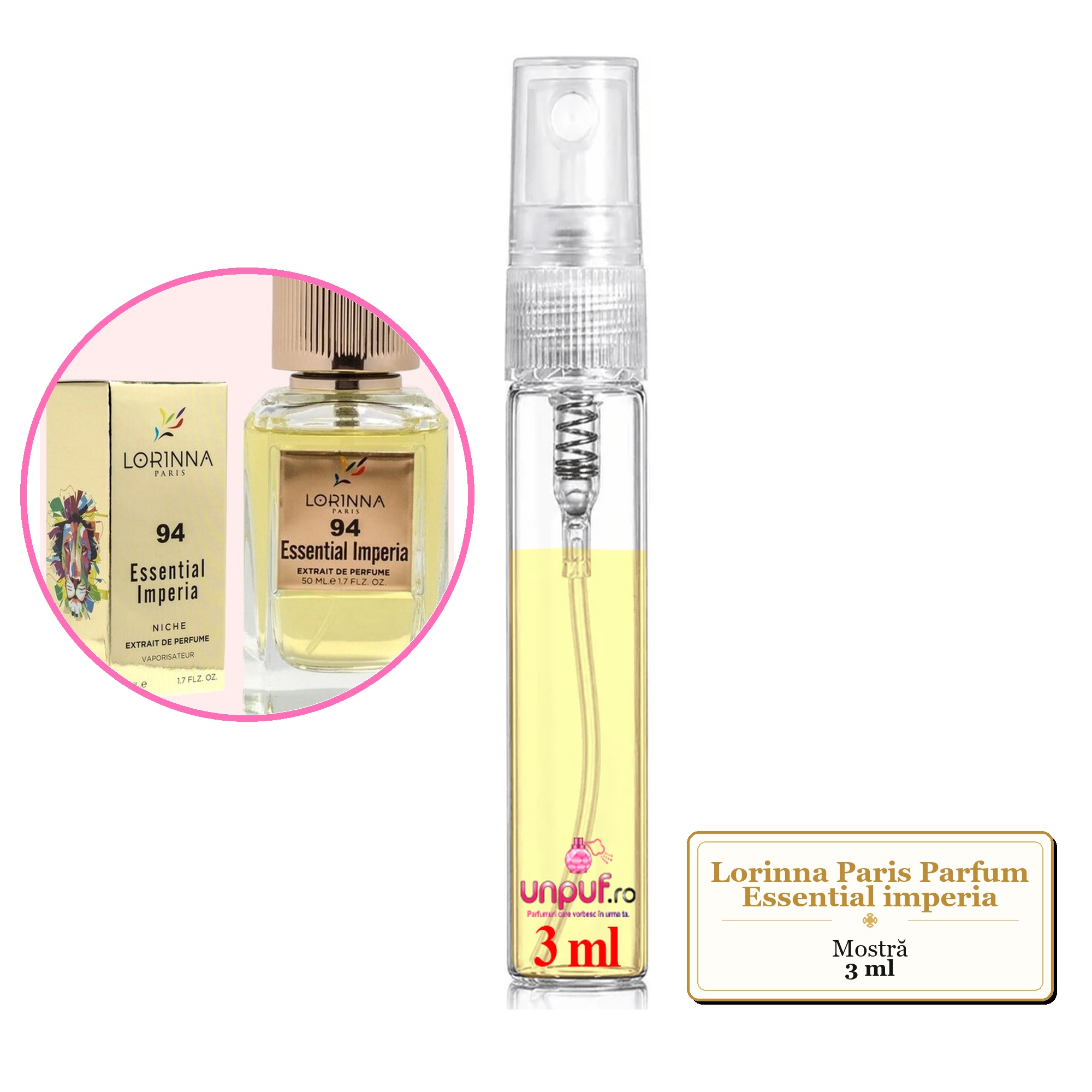 Mostra fiola din Parfumul Lorinna Paris Essential imperia, decant sticla cu pulverizator