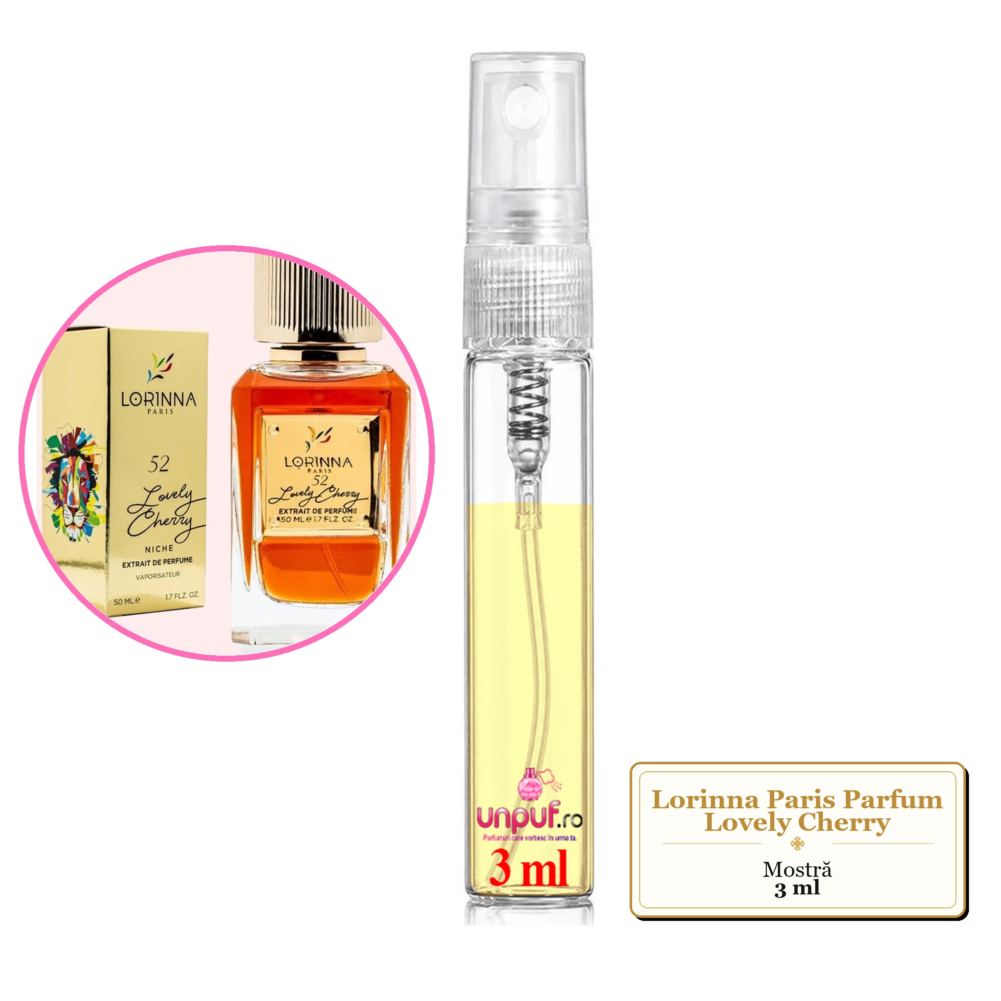 Mostra fiola din Parfumul Lorinna Paris Lovely Cherry, decant sticla cu pulverizator