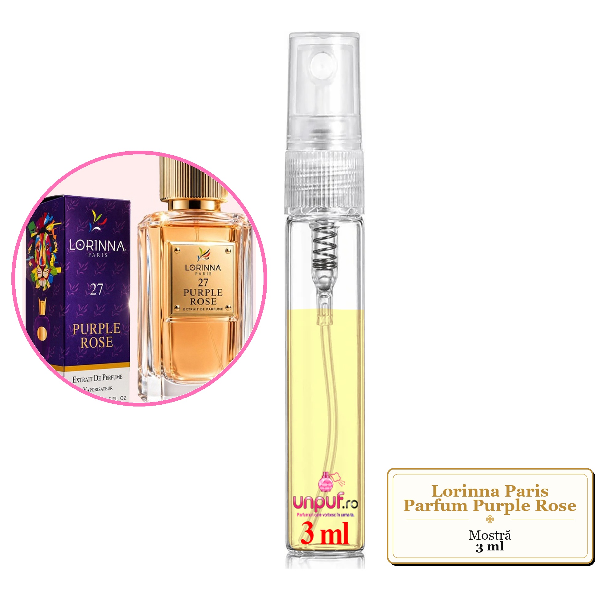 Mostra fiola din Parfumul Lorinna Paris Purple Rose, decant sticla cu pulverizator
