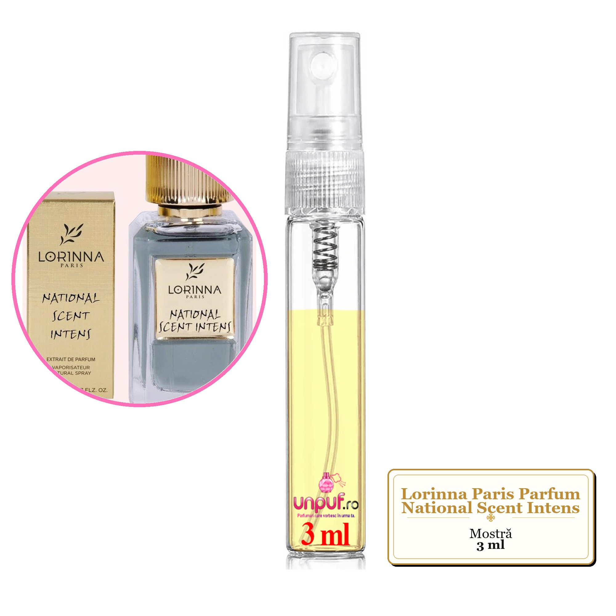 Mostra fiola din Parfumul Lorinna Paris National Scent Intens, decant sticla cu pulverizator