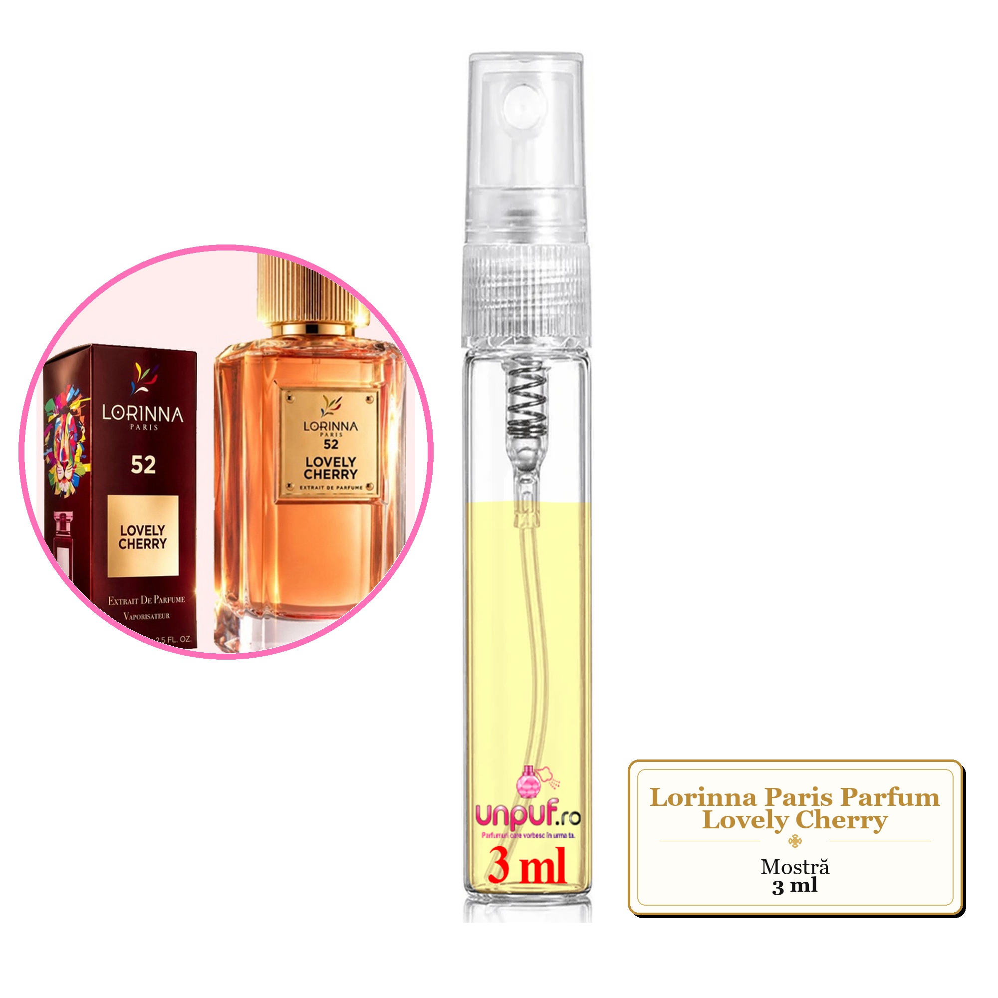 Mostra fiola din Parfumul Lorinna Paris Lovely Cherry, decant sticla cu pulverizator