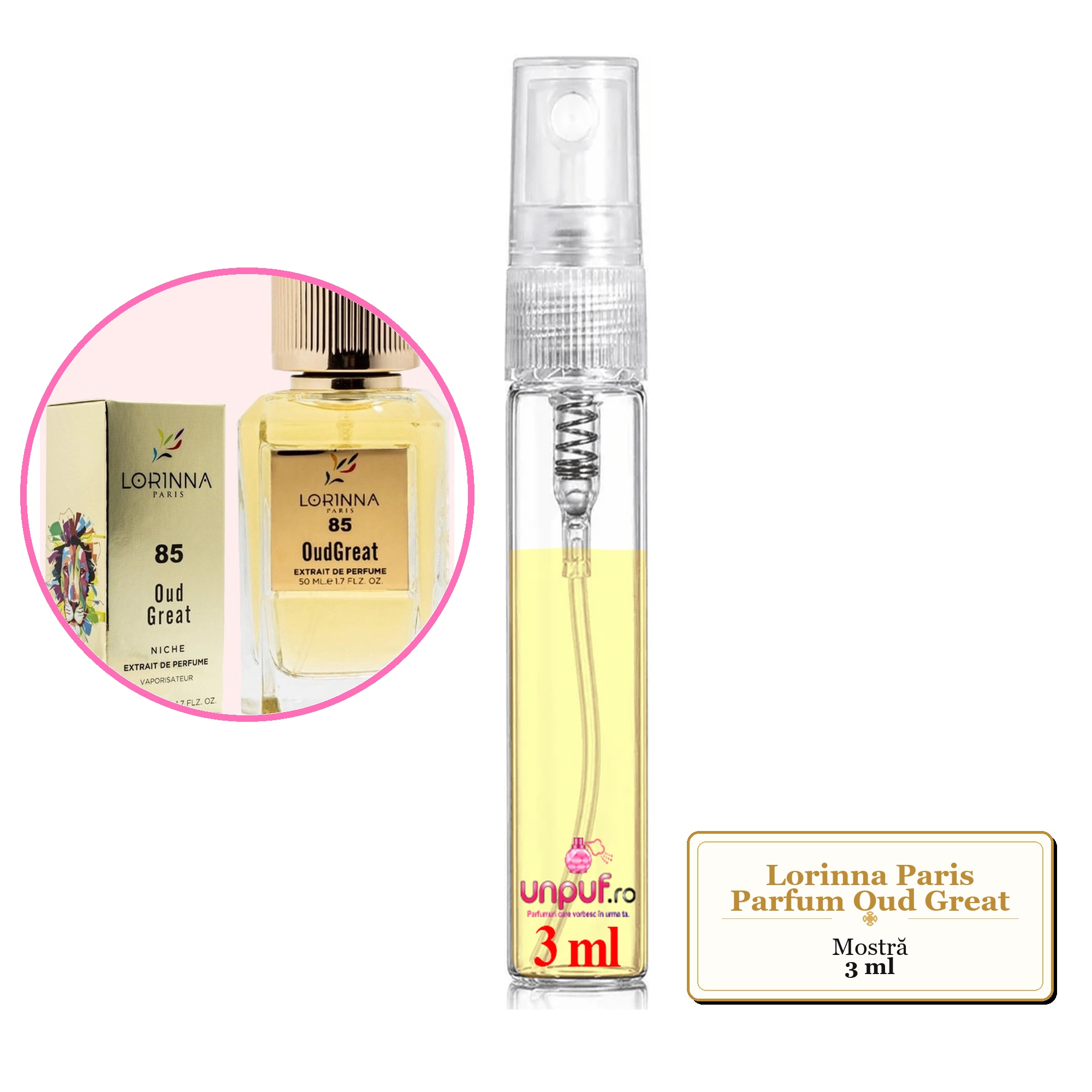 Mostra fiola din Parfumul Lorinna Paris Oud Great, decant sticla cu pulverizator