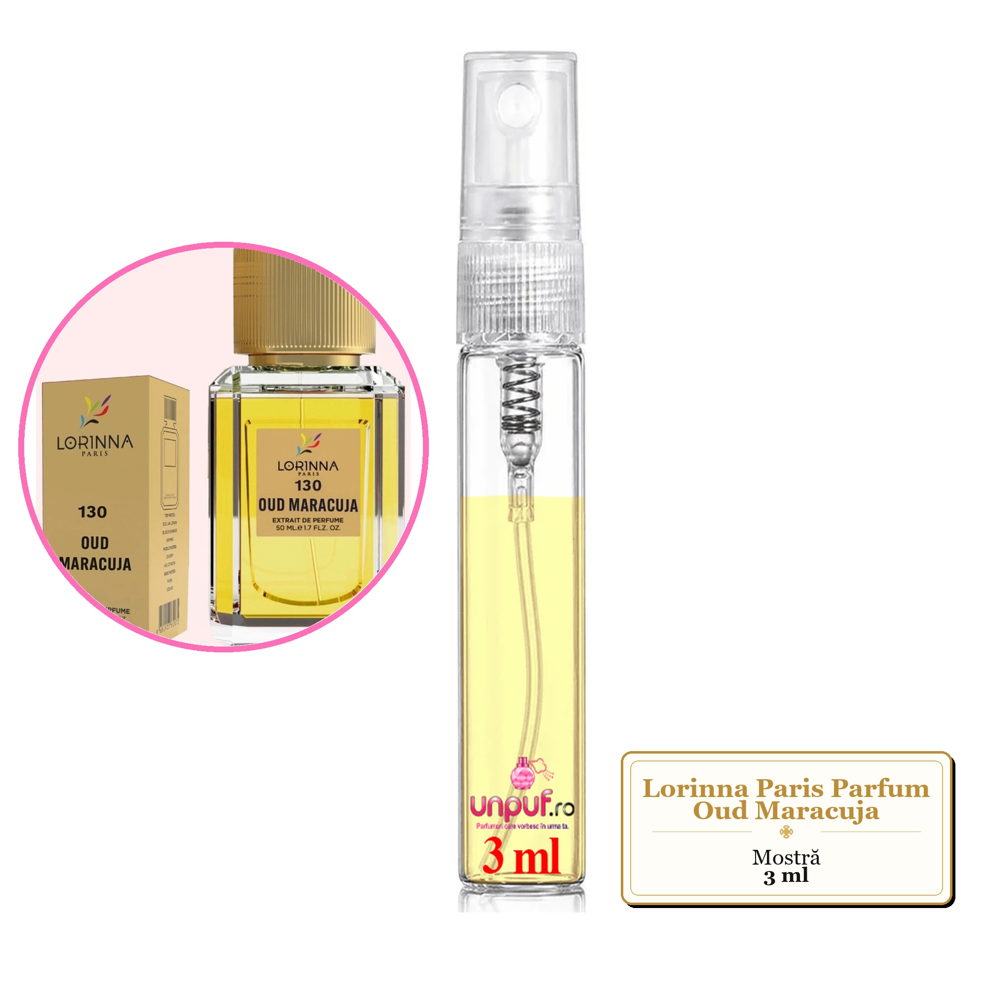 Mostra fiola din Parfumul Lorinna Paris Oud Maracuja, decant sticla cu pulverizator