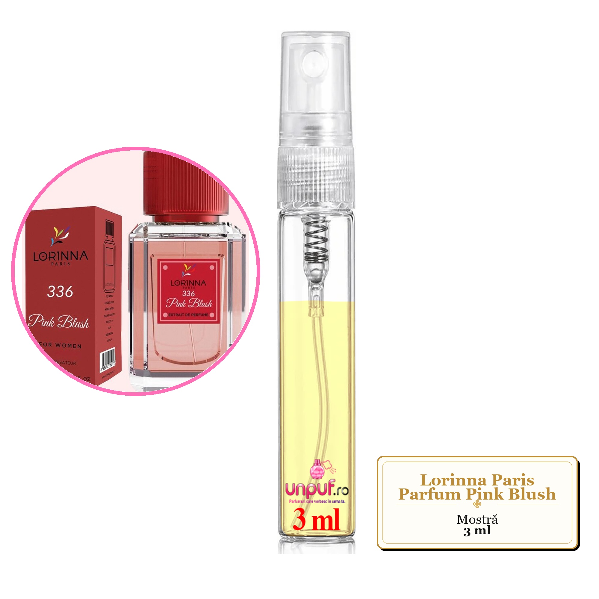 Mostra fiola din Parfumul Lorinna Paris Pink Blush, decant sticla cu pulverizator