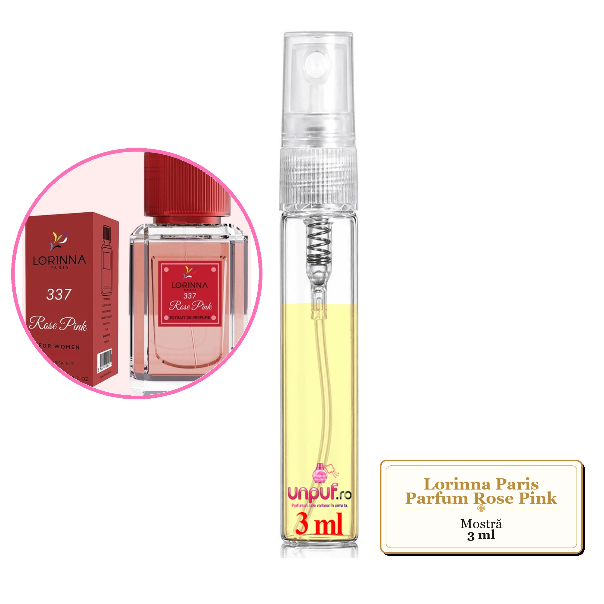 Mostra fiola din Parfumul Lorinna Paris Rose Pink, decant sticla cu pulverizator