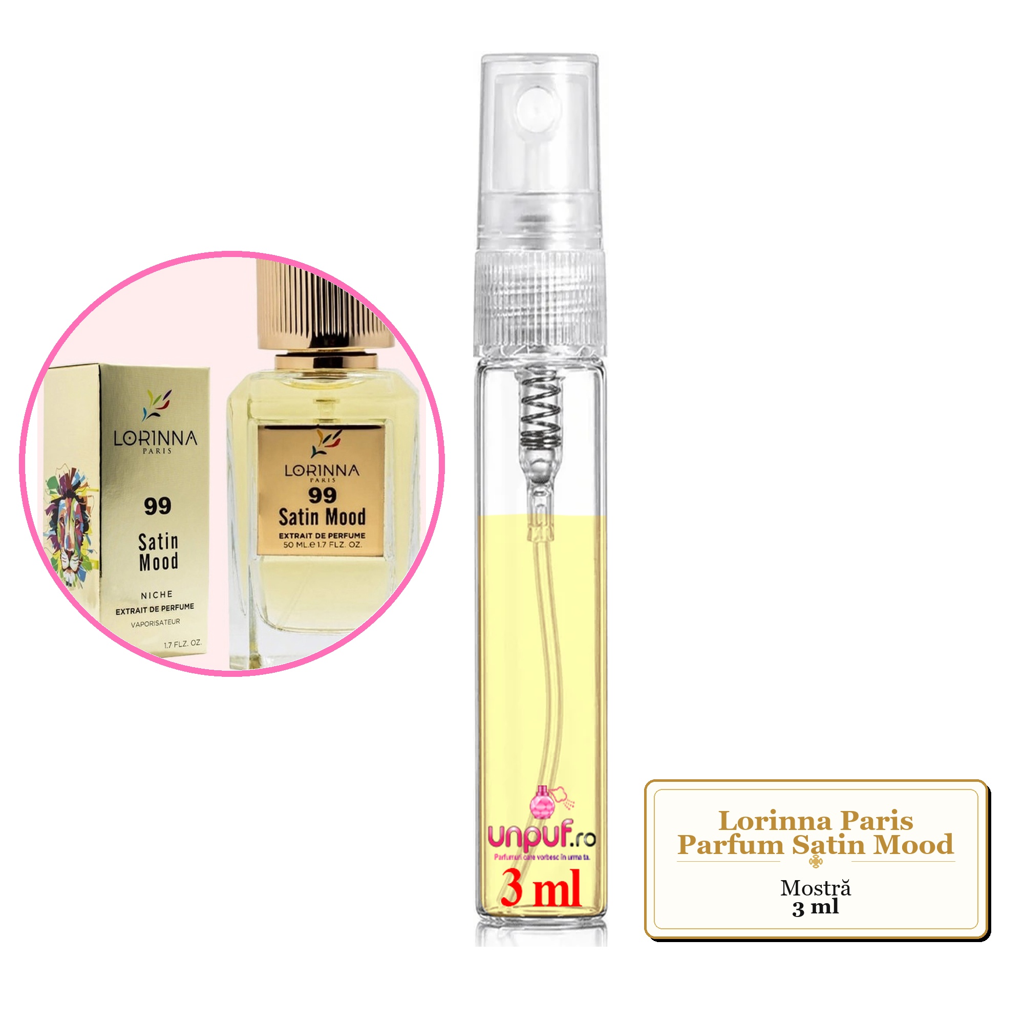 Mostra fiola din Parfumul Lorinna Paris Satin Mood, decant sticla cu pulverizator