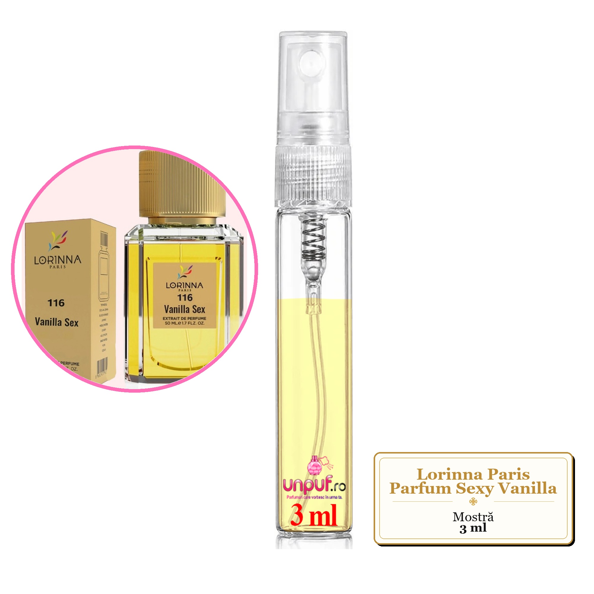 Mostra fiola din Parfumul Lorinna Paris Sexy Vanilla, decant sticla cu pulverizator