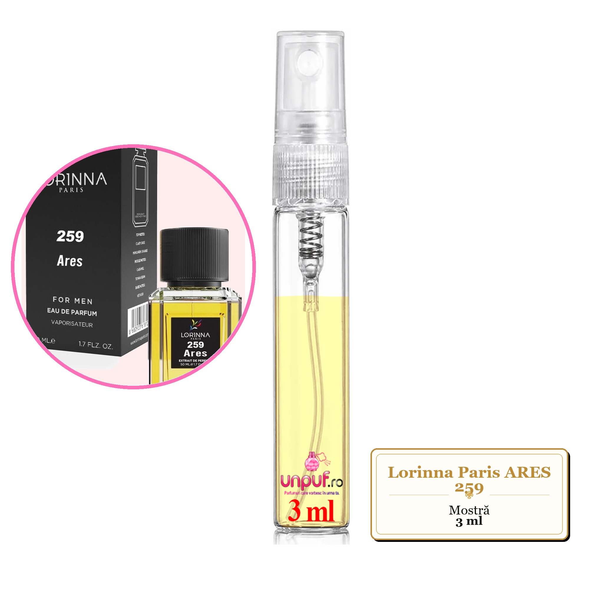 Mostra fiola din Parfumul Lorinna Paris ARES 259, decant sticla cu pulverizator