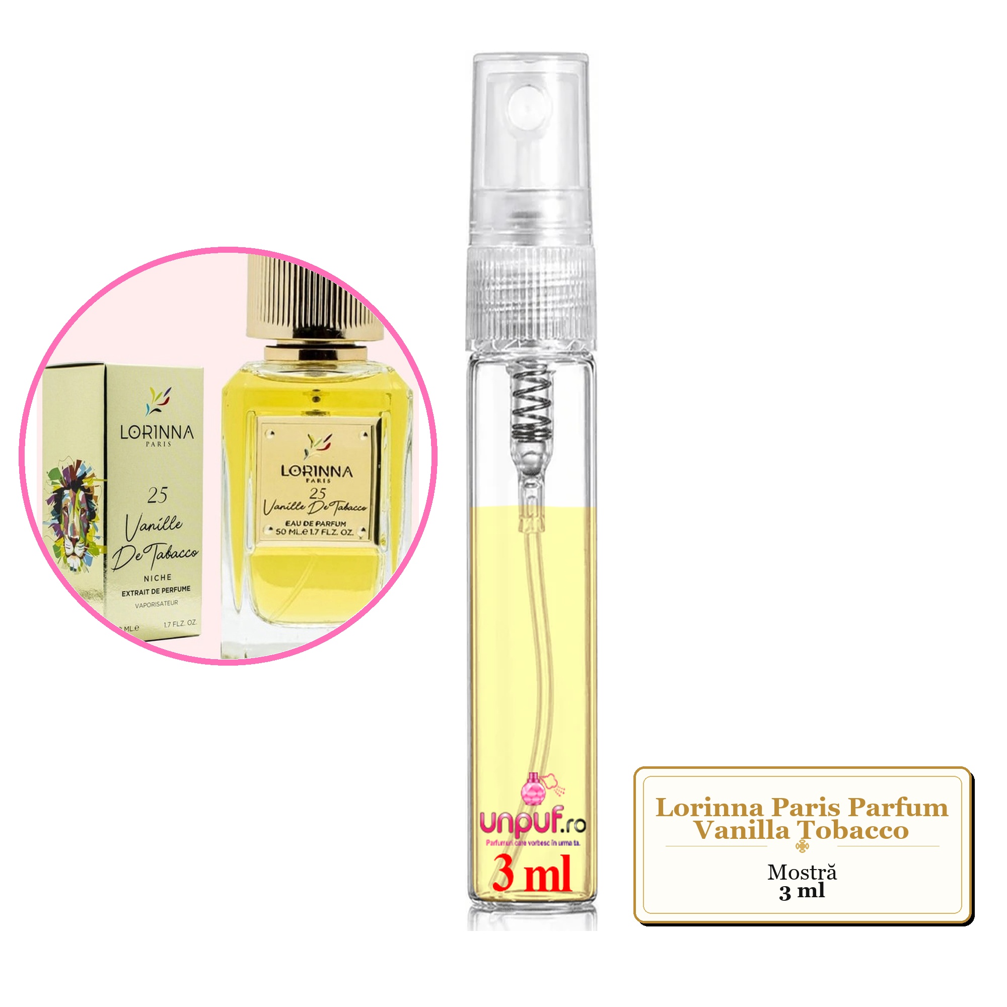 Mostra fiola din Parfumul Lorinna Paris Vanilla Tobacco, decant sticla cu pulverizator