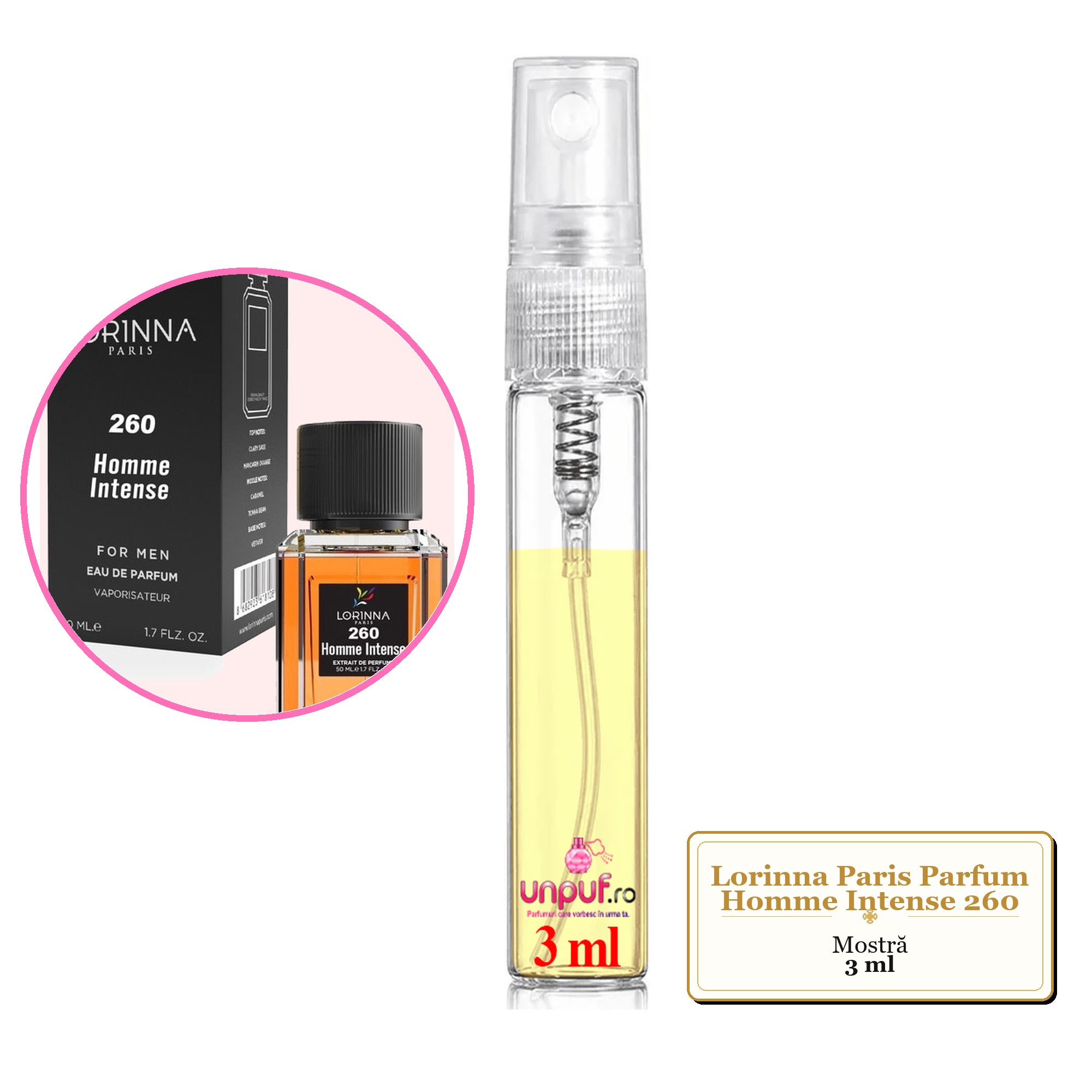 Mostra fiola din Parfumul Lorinna Paris Homme Intense 260, decant sticla cu pulverizator