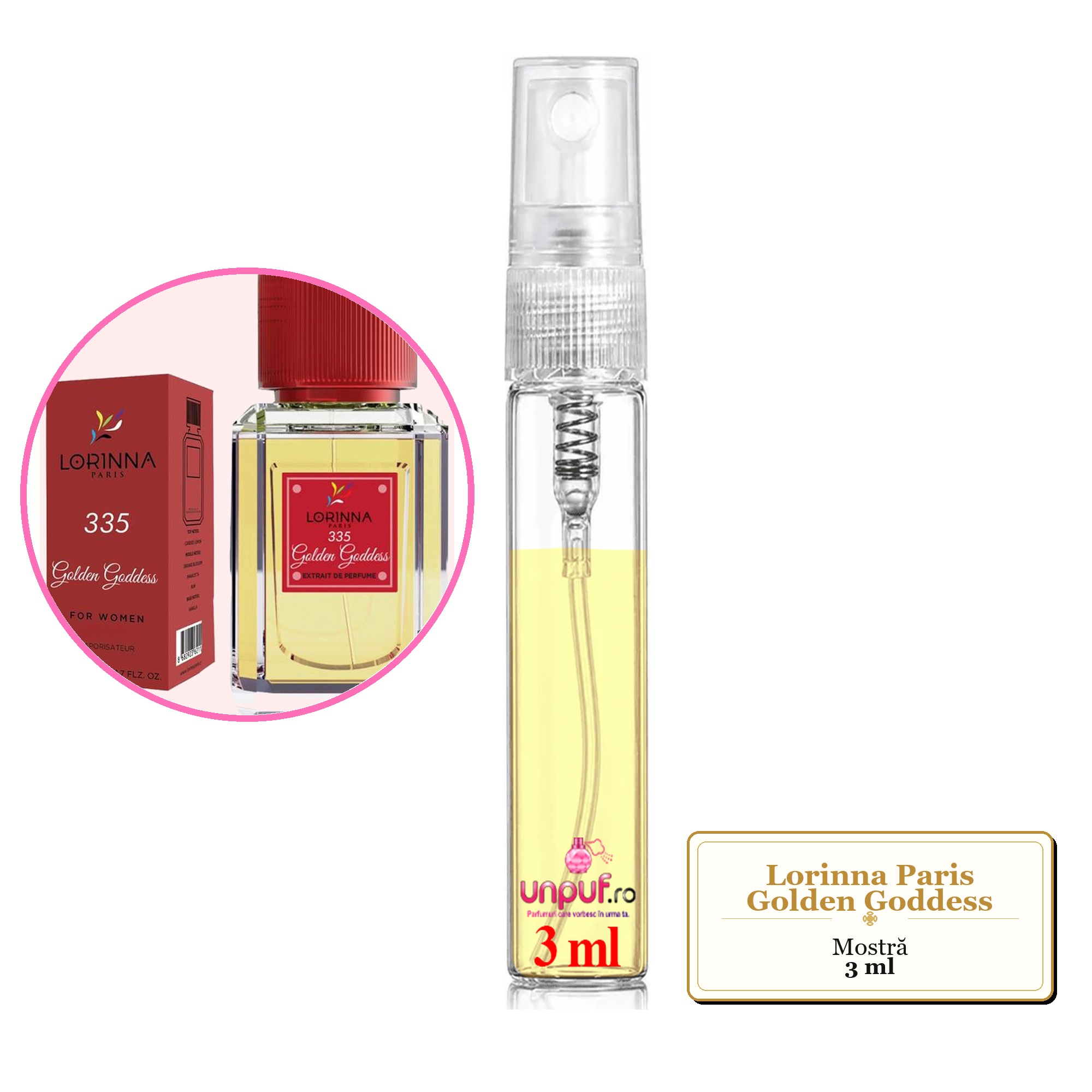 Mostra fiola din Parfumul Lorinna Paris Golden Goddess, decant sticla cu pulverizator