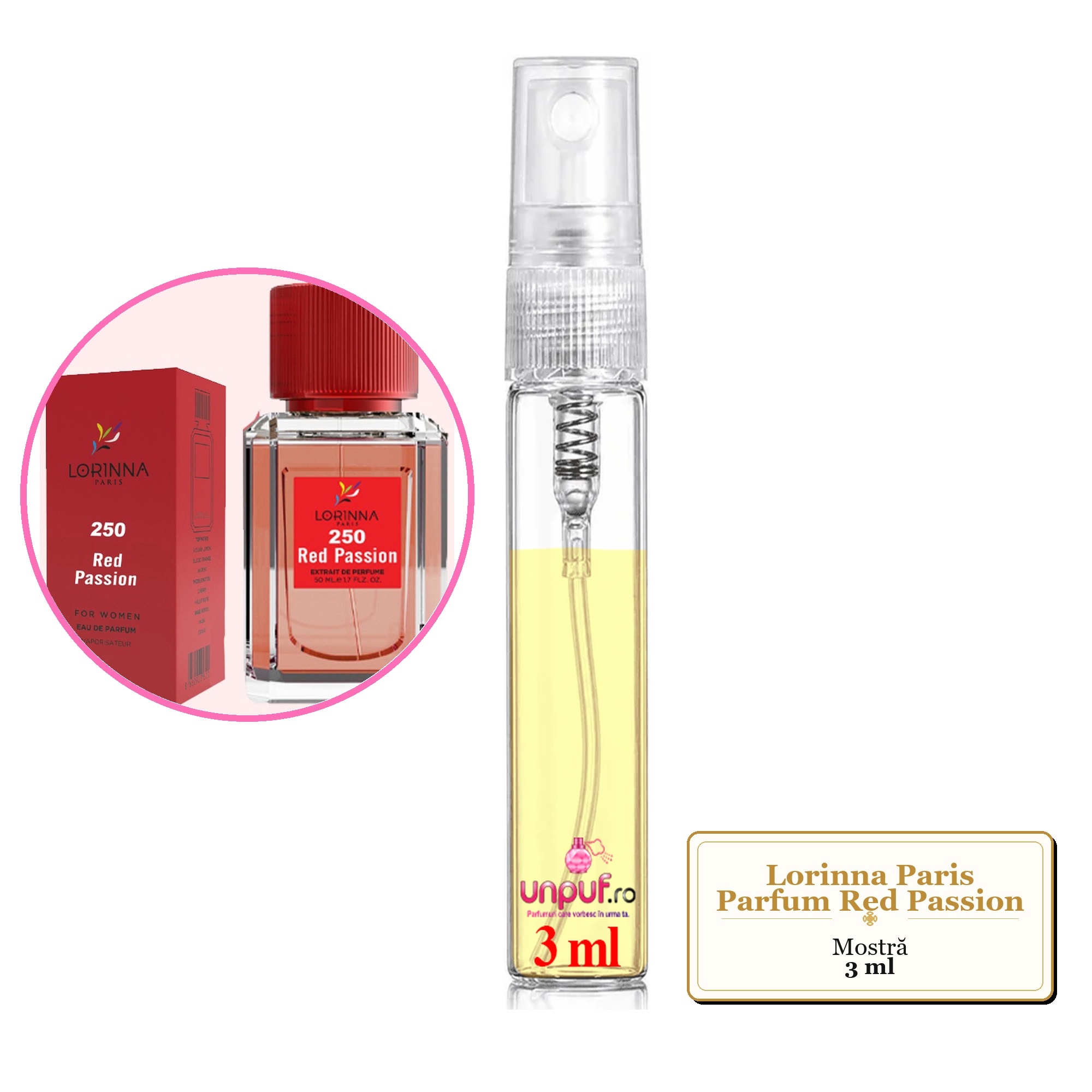 Mostra fiola din Parfumul Lorinna Paris Red Passion, decant sticla cu pulverizator