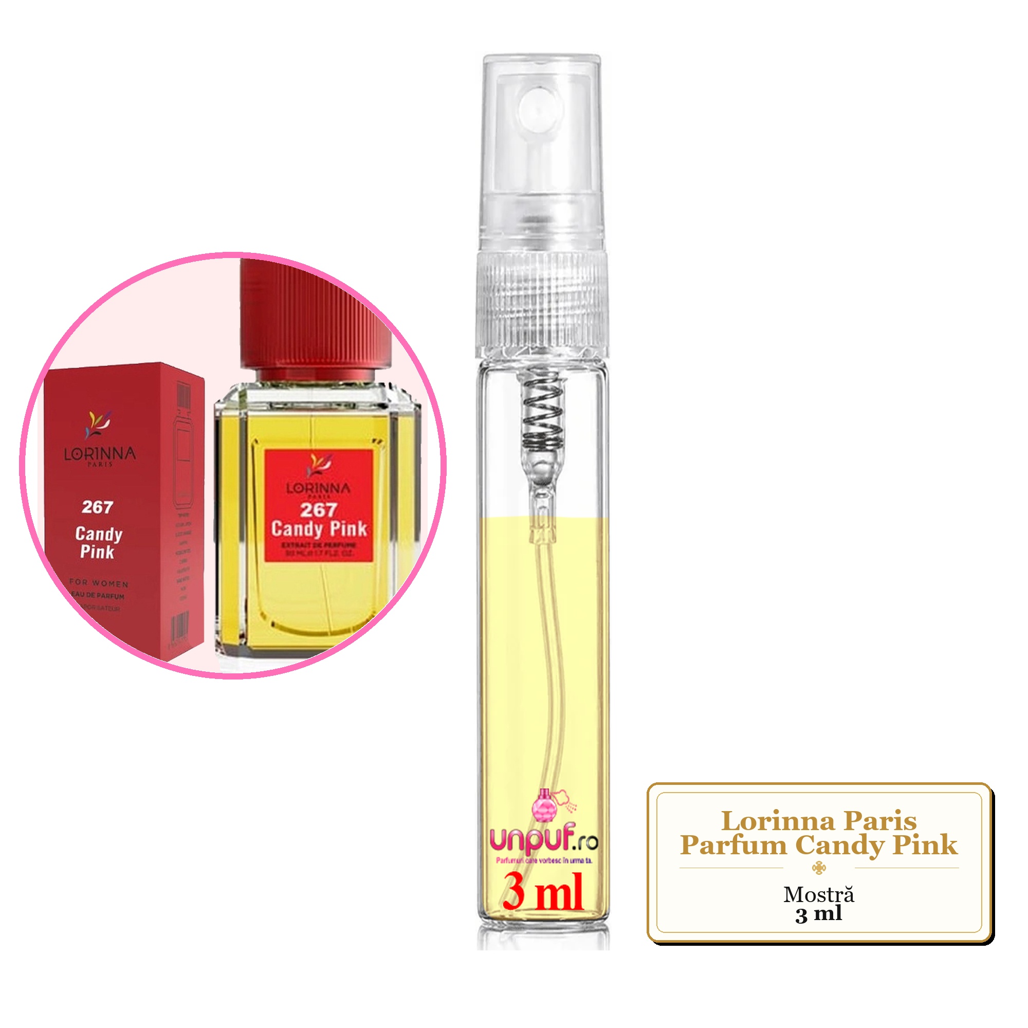 Mostra fiola din Parfumul Lorinna Paris Candy Pink, decant sticla cu pulverizator