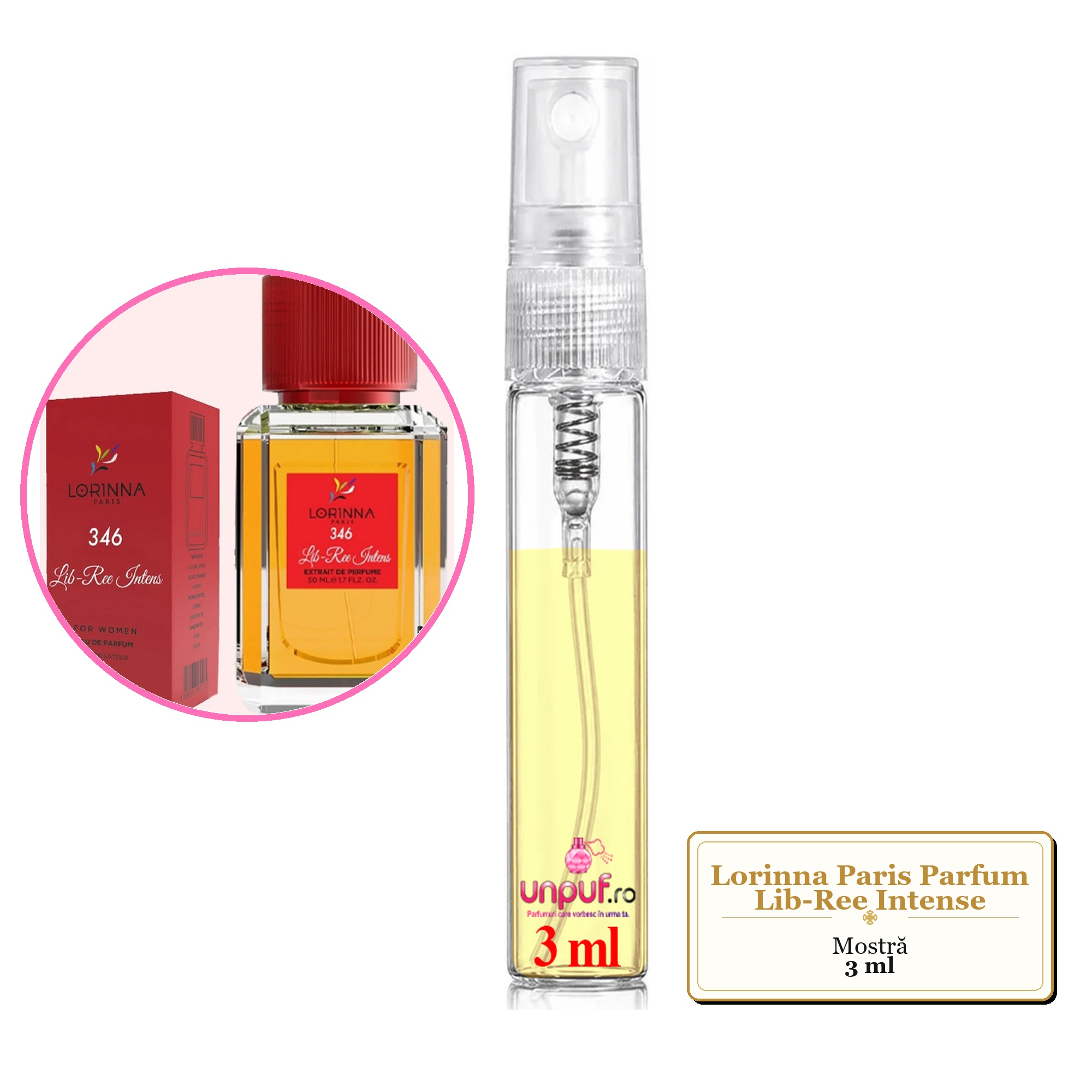Mostra fiola din Parfumul Lorinna Paris Lib-Ree Intense, decant sticla cu pulverizator