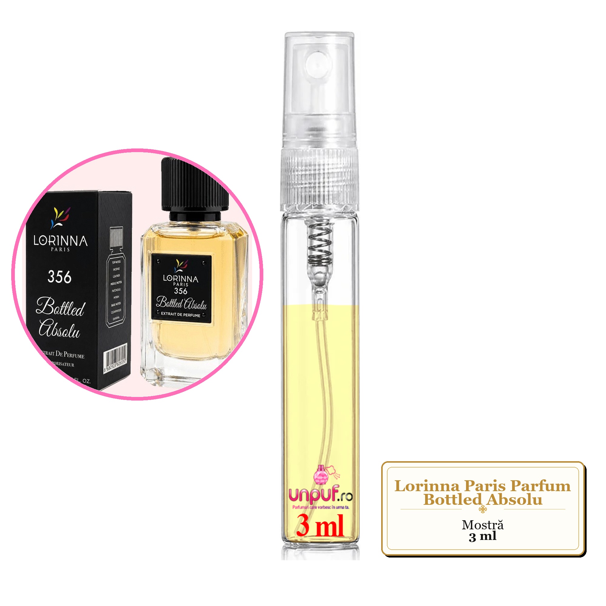 Mostra fiola din Parfumul Lorinna Paris Bottled Absolu, decant sticla cu pulverizator