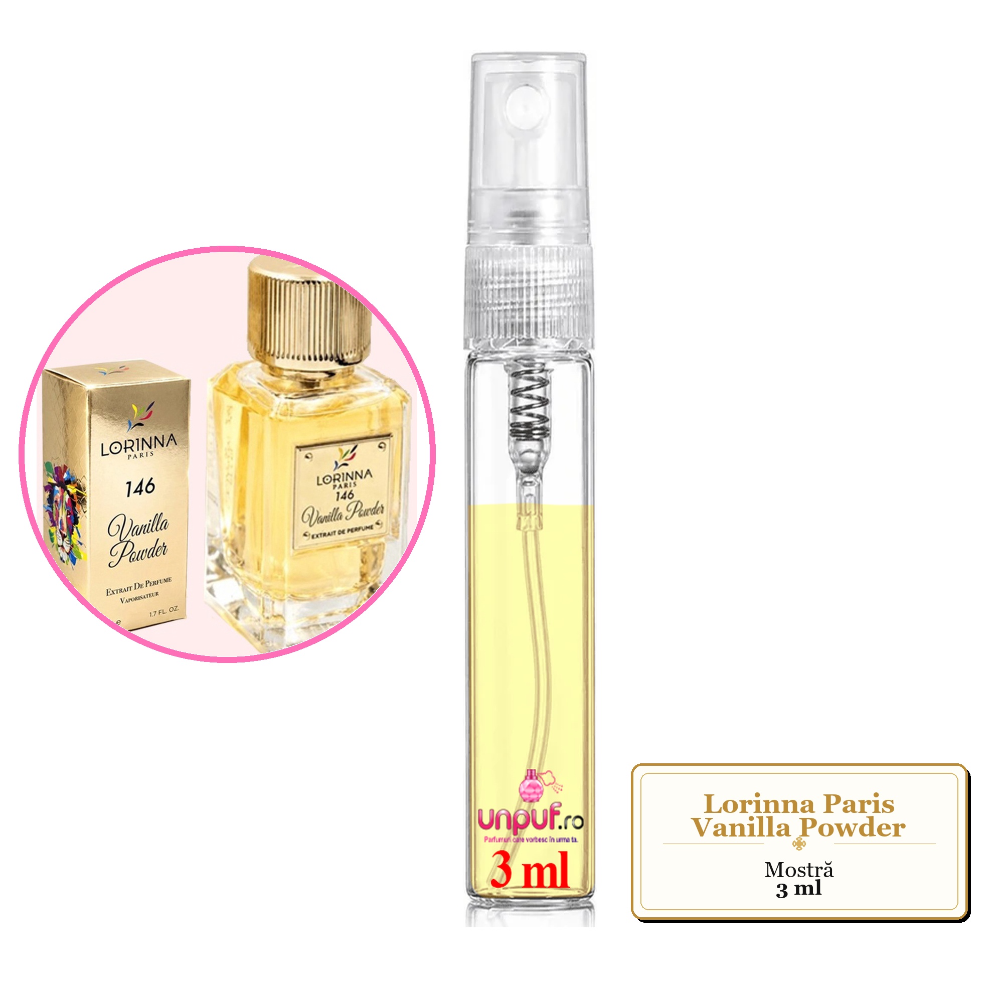 Mostra fiola din Parfumul Lorinna Paris Vanilla Powder, decant sticla cu pulverizator