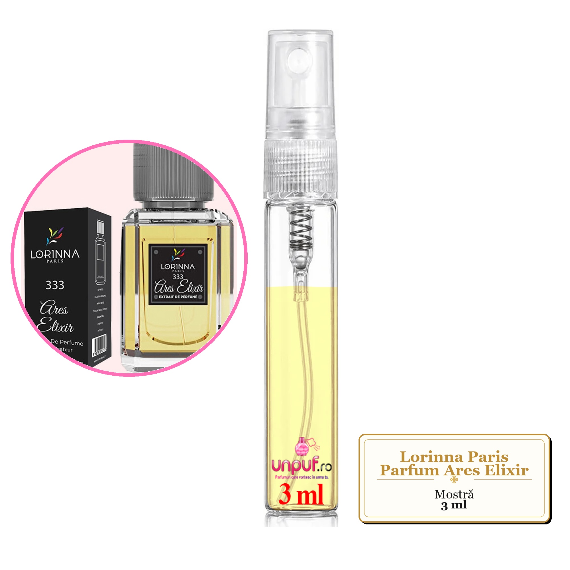 Mostra fiola din Parfumul Lorinna Paris Ares Elixir, decant sticla cu pulverizator