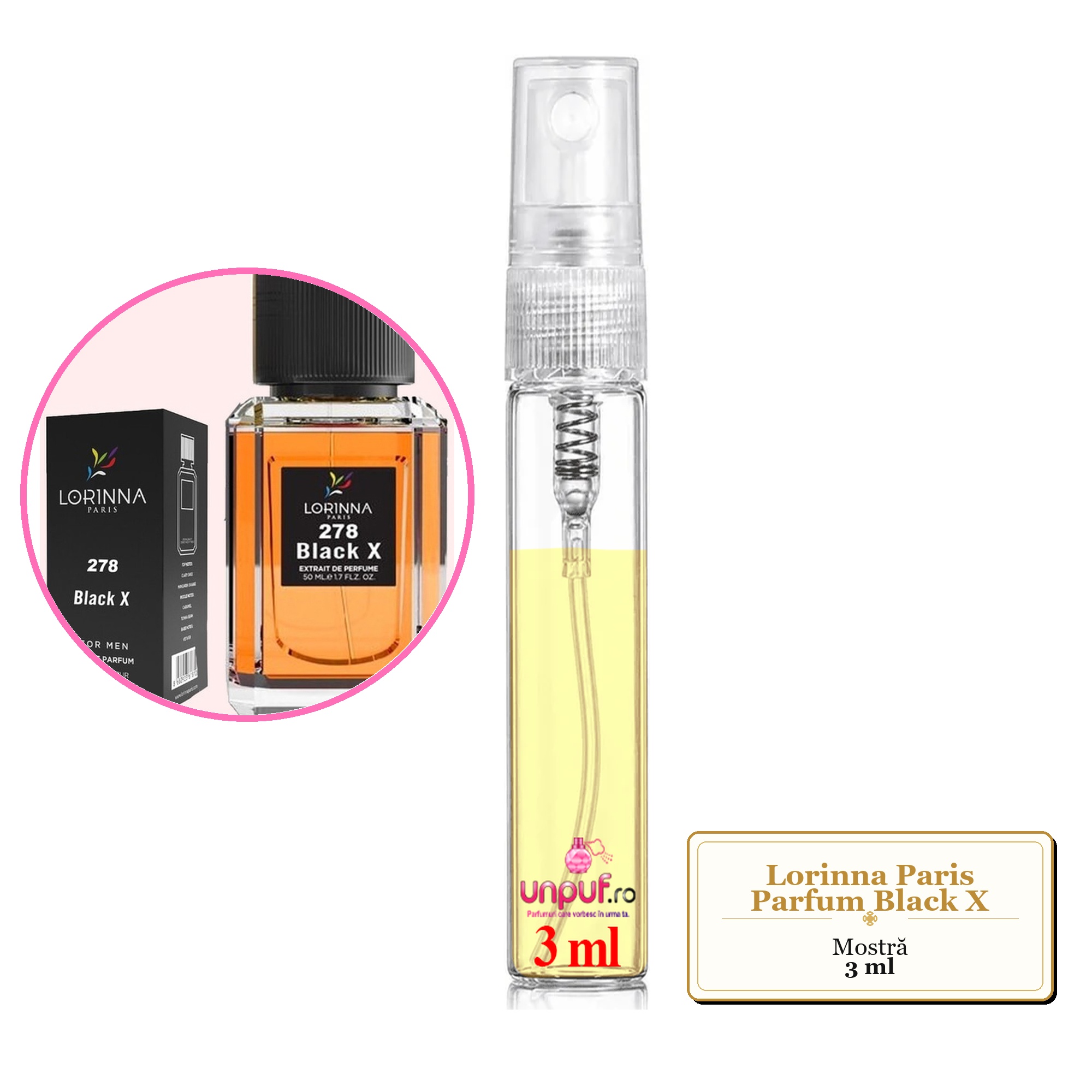 Mostra fiola din Parfumul Lorinna Paris Black X, decant sticla cu pulverizator