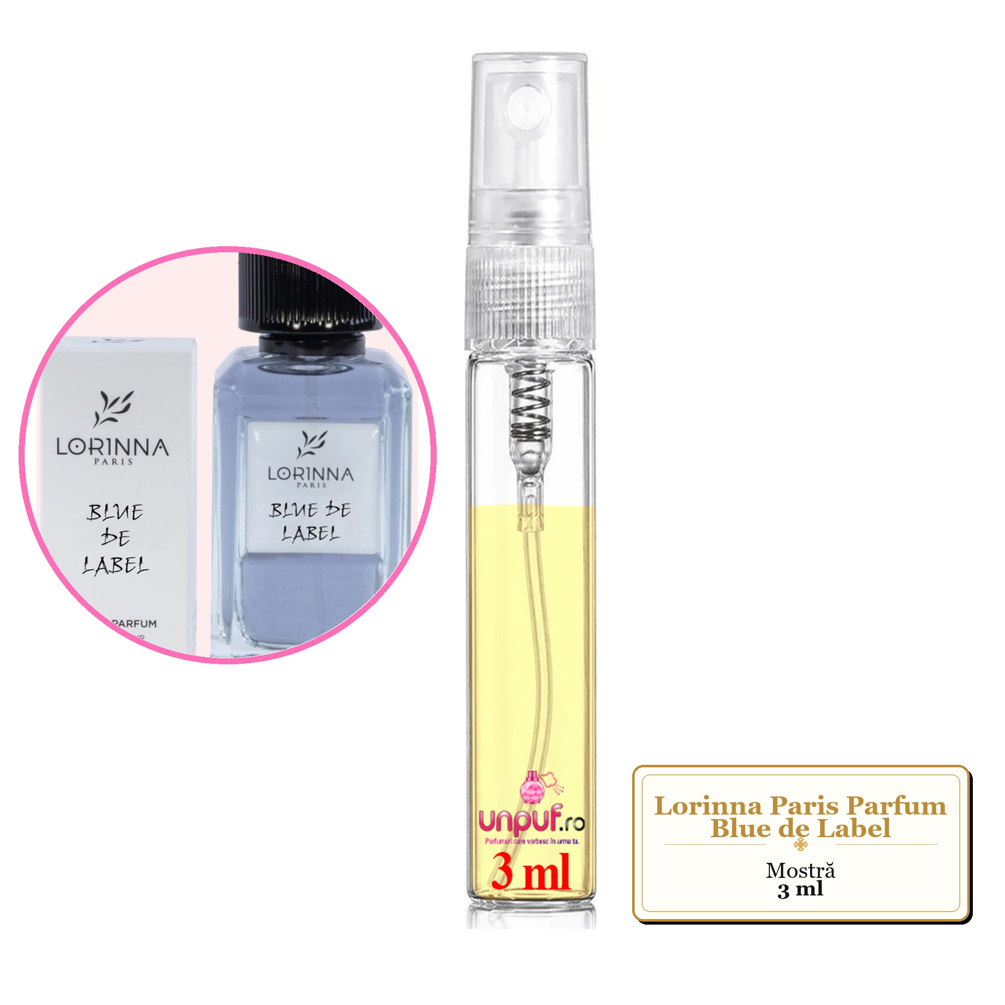 Mostra fiola din Parfumul Lorinna Paris Blue de Label, decant sticla cu pulverizator