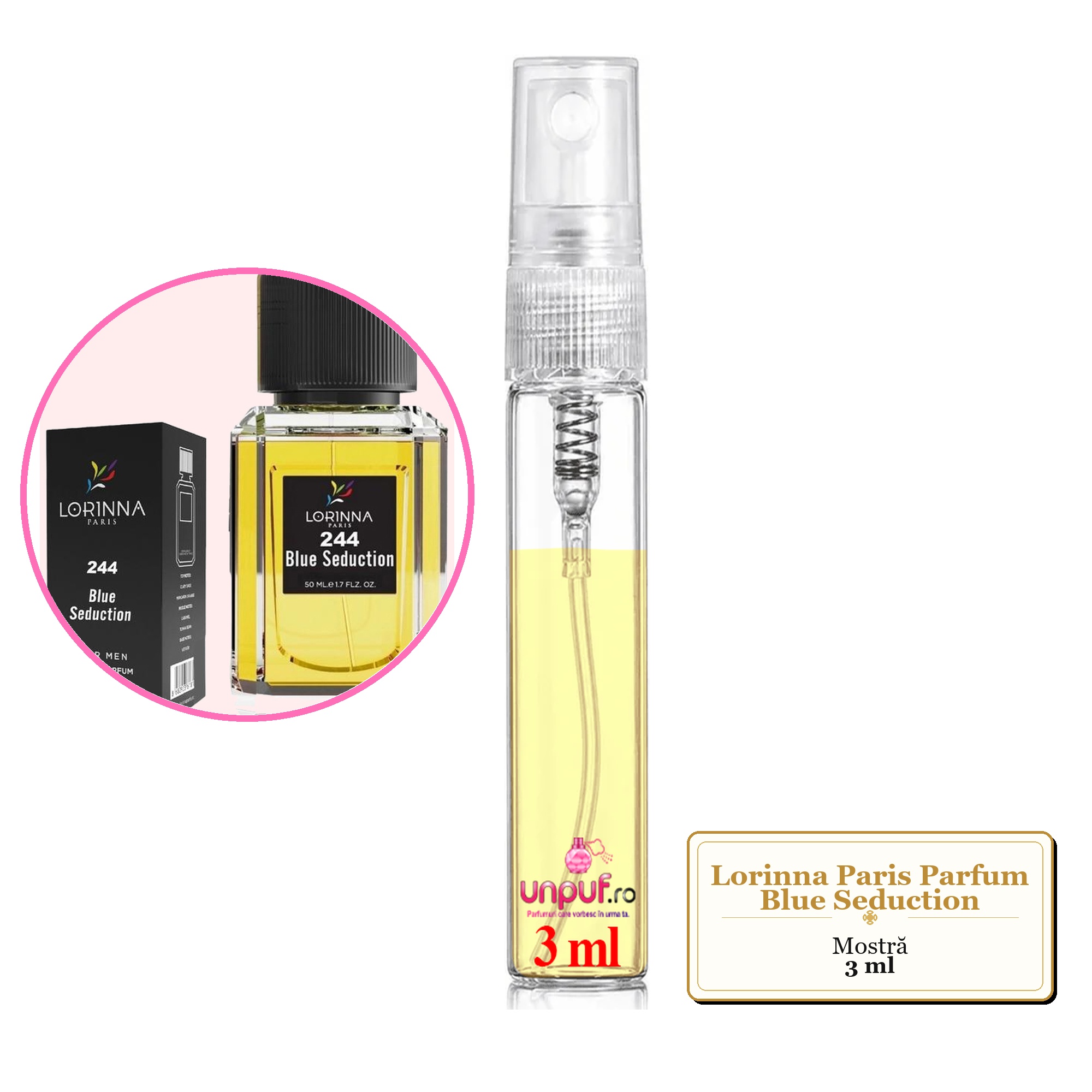 Mostra fiola din Parfumul Lorinna Paris Blue Seduction, decant sticla cu pulverizator