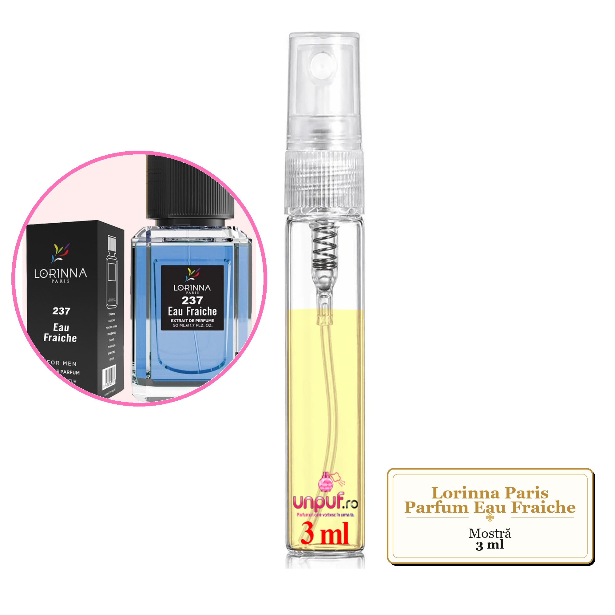 Mostra fiola din Parfumul Lorinna Paris Eau Fraiche, decant sticla cu pulverizator
