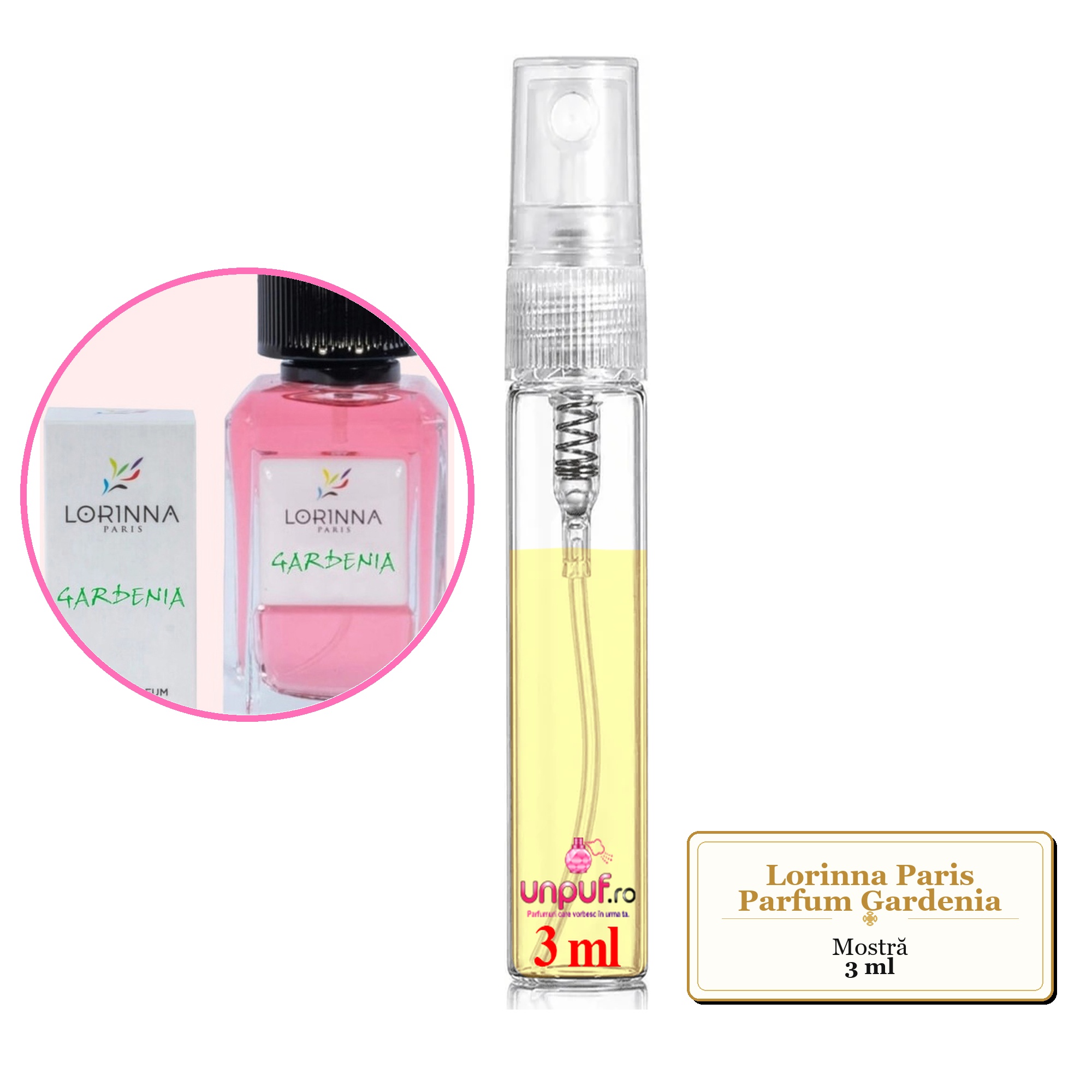Mostra fiola din Parfumul Lorinna Paris Gardenia, decant sticla cu pulverizator