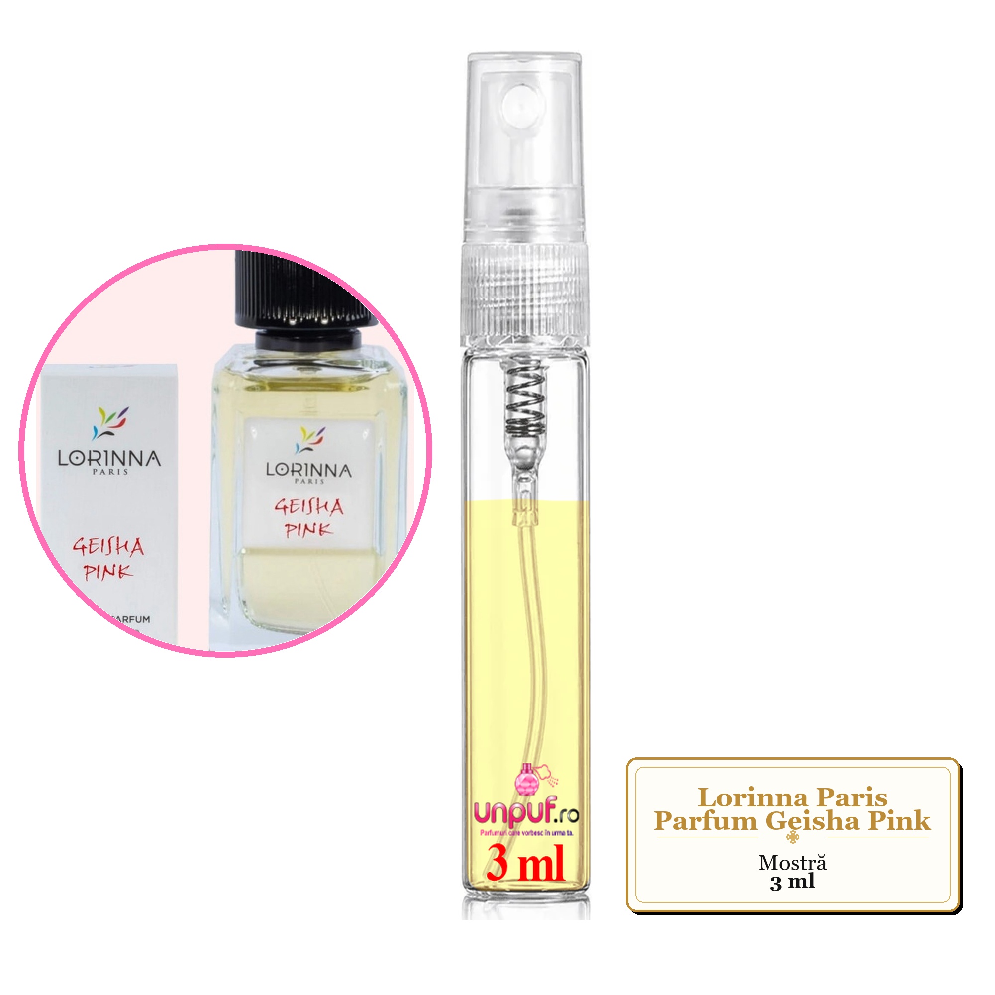 Mostra fiola din Parfumul Lorinna Paris Geisha Pink, decant sticla cu pulverizator