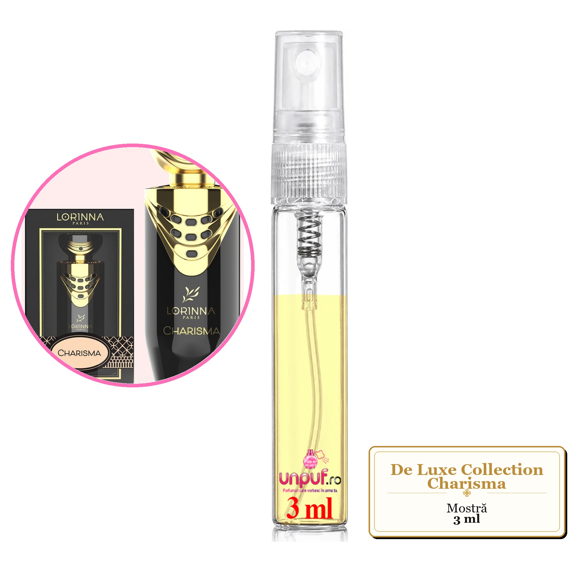 Mostra fiola din Parfumul De Luxe Collection Charisma, decant sticla cu pulverizator