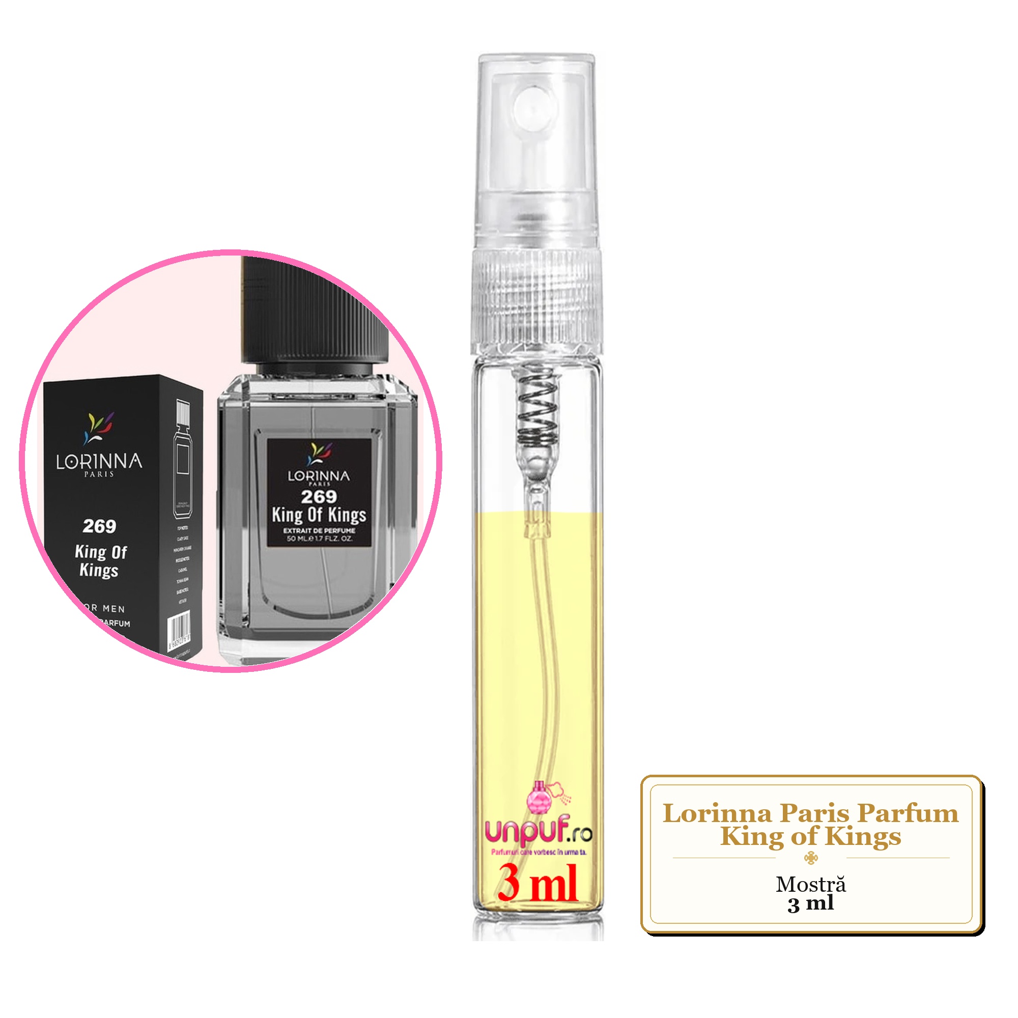 Mostra fiola din Parfumul Lorinna Paris King of Kings, decant sticla cu pulverizator