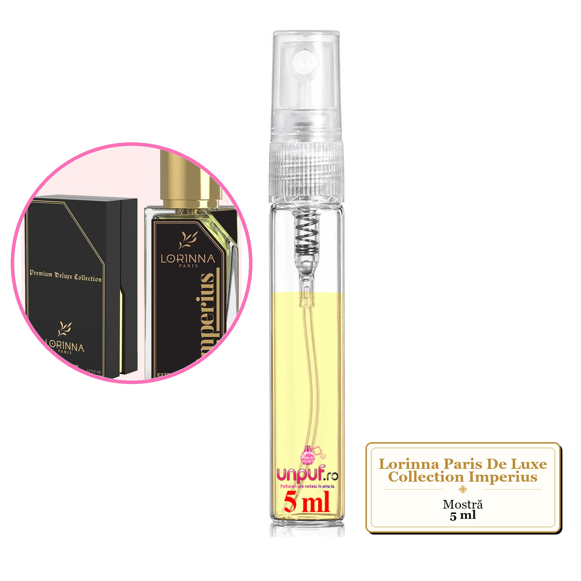 Mostra fiola din Parfumul Lorinna Paris De Luxe Collection Imperius, decant sticla cu pulverizator