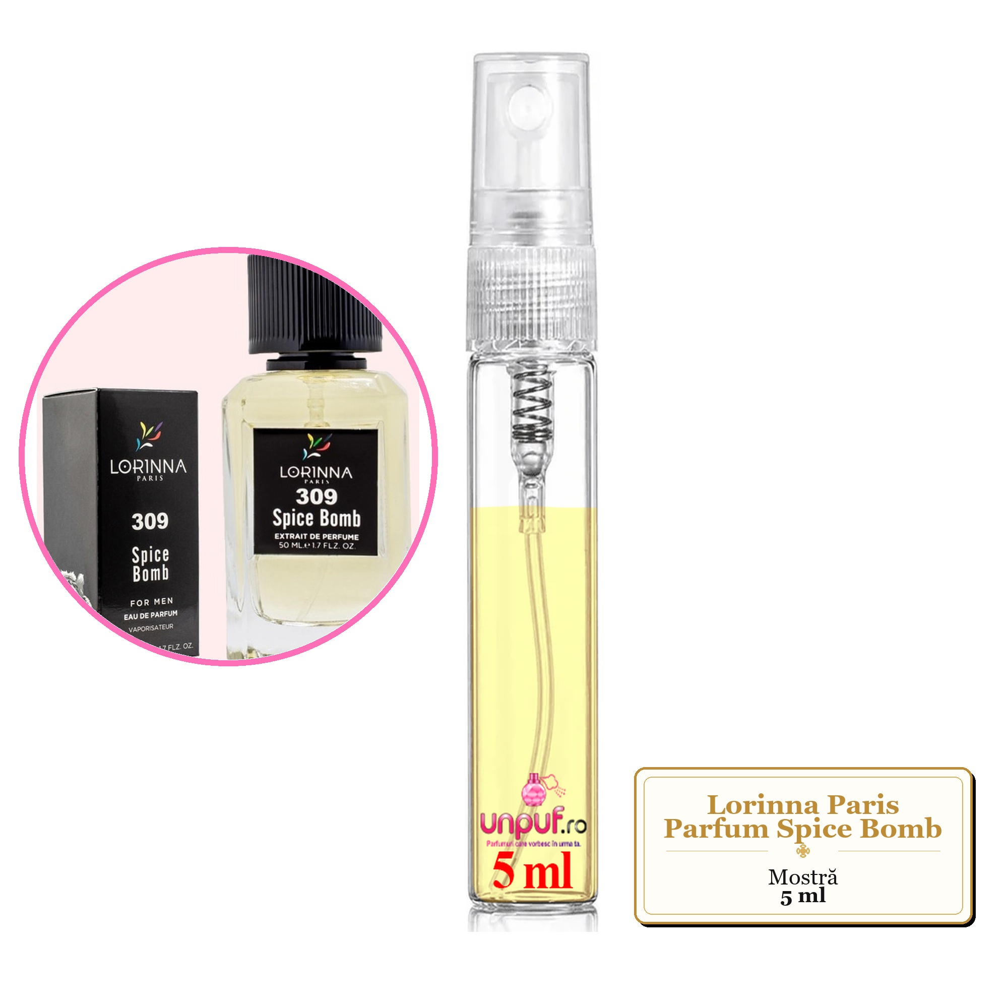 Mostra fiola din Parfumul Lorinna Paris Spice Bomb, decant sticla cu pulverizator