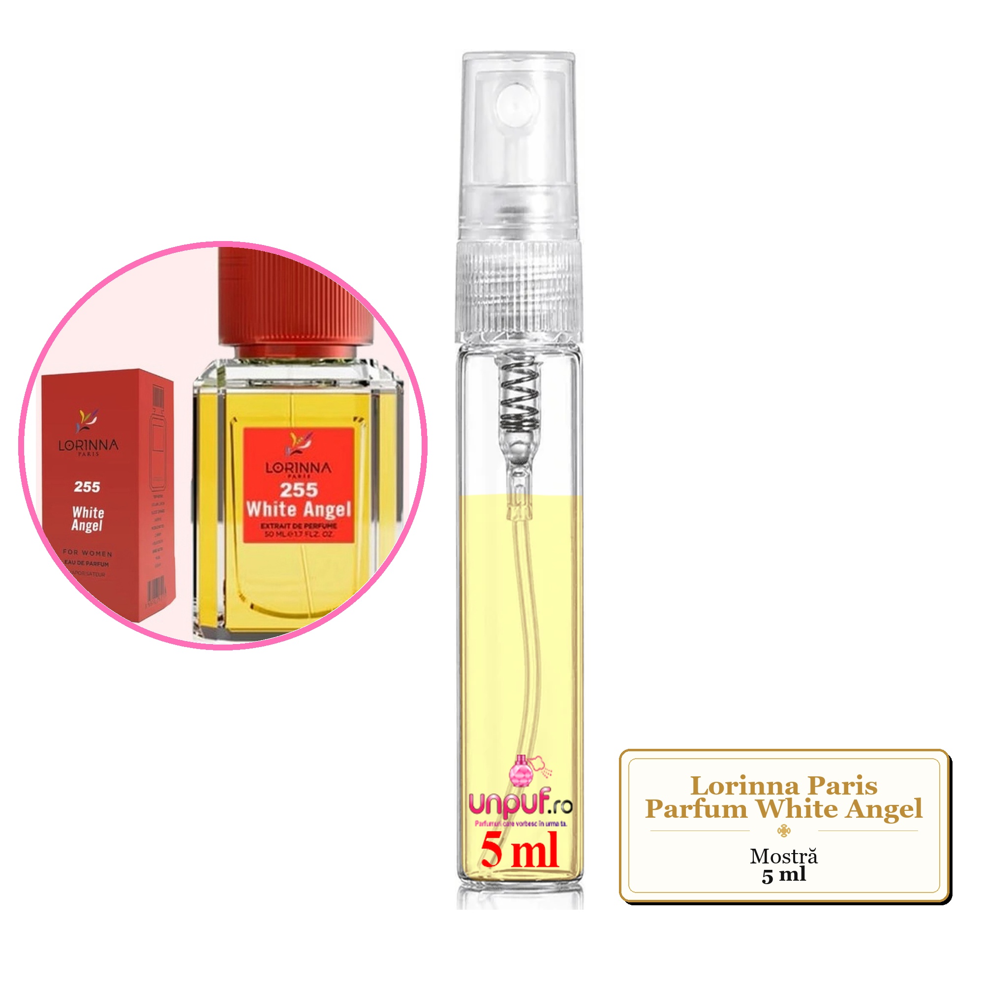 Mostra fiola din Parfumul Lorinna Paris White Angel, decant sticla cu pulverizator