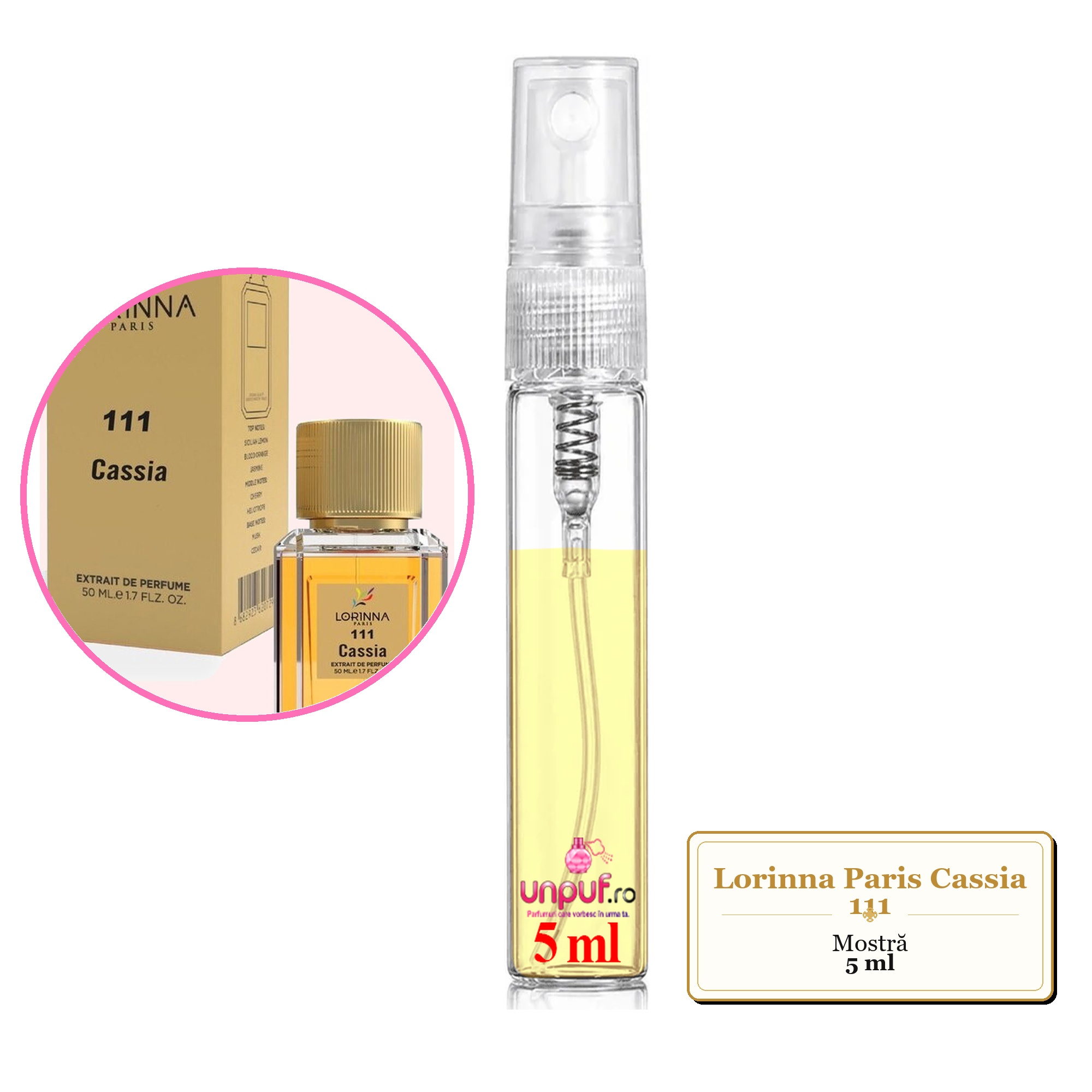 Mostra fiola din Parfumul Lorinna Paris Cassia 111, decant sticla cu pulverizator
