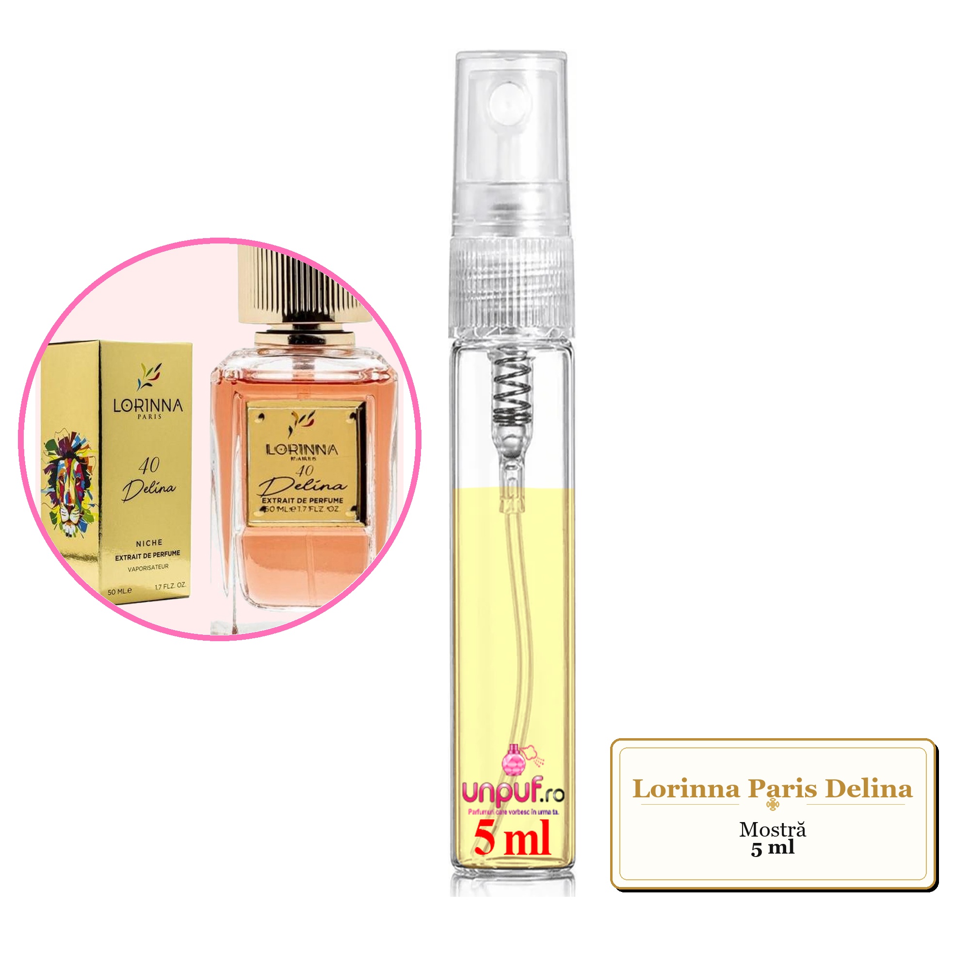 Mostra fiola din Parfumul Lorinna Paris Delina, decant sticla cu pulverizator