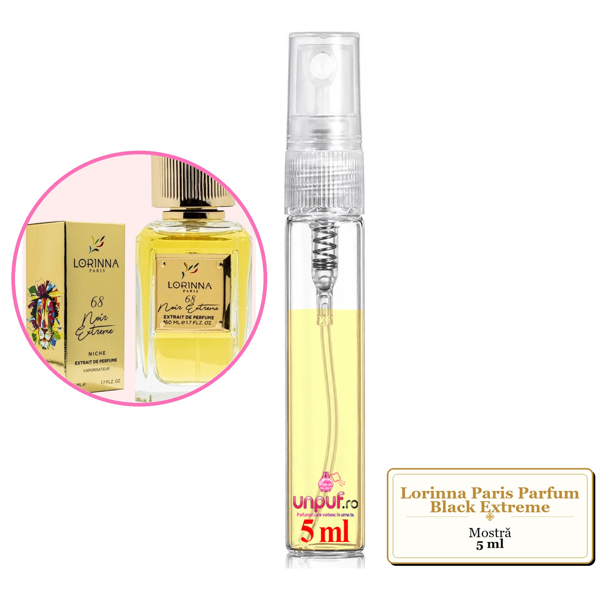 Mostra fiola din Parfumul Lorinna Paris Black Extreme, decant sticla cu pulverizator