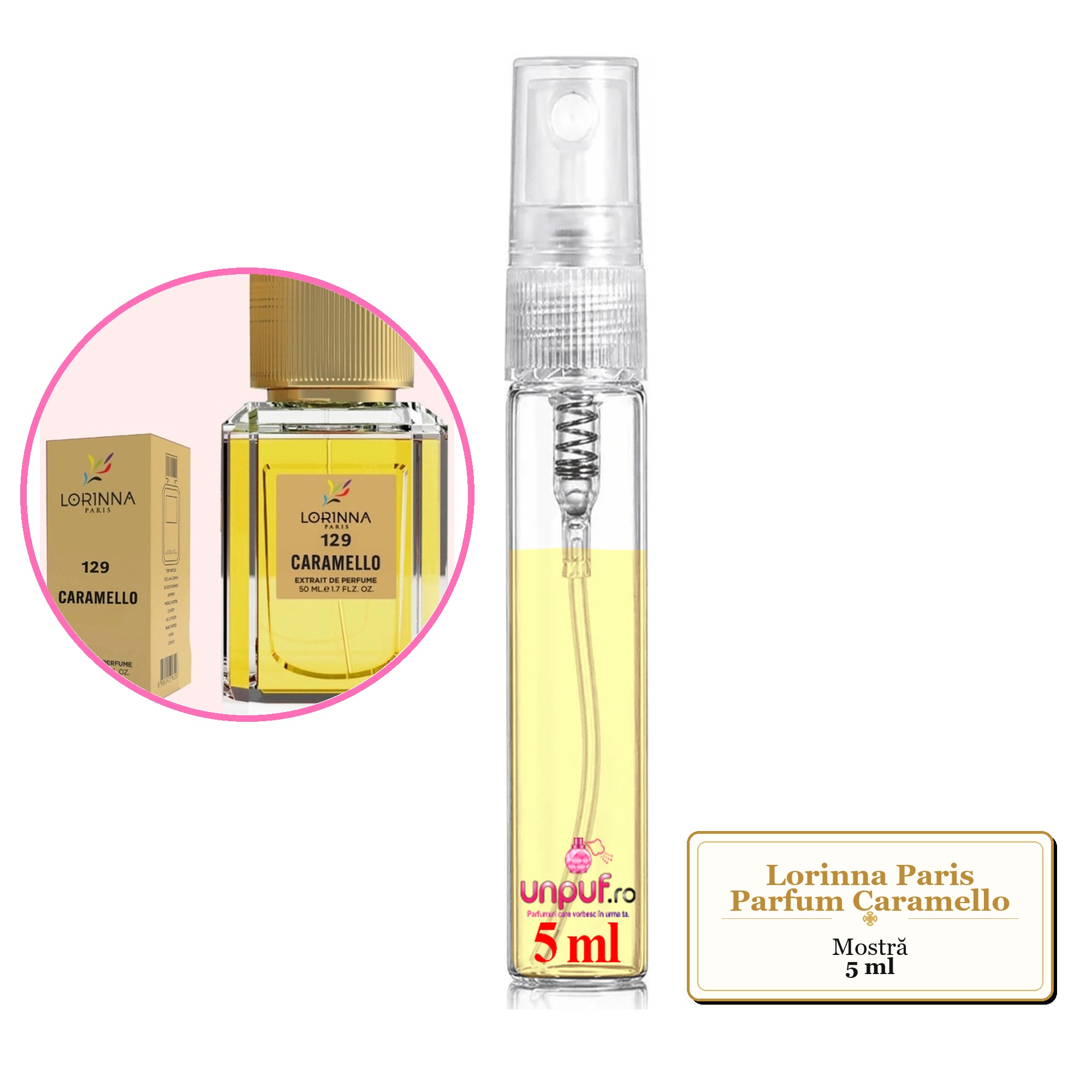 Mostra fiola din Parfumul Lorinna Paris Caramello, decant sticla cu pulverizator