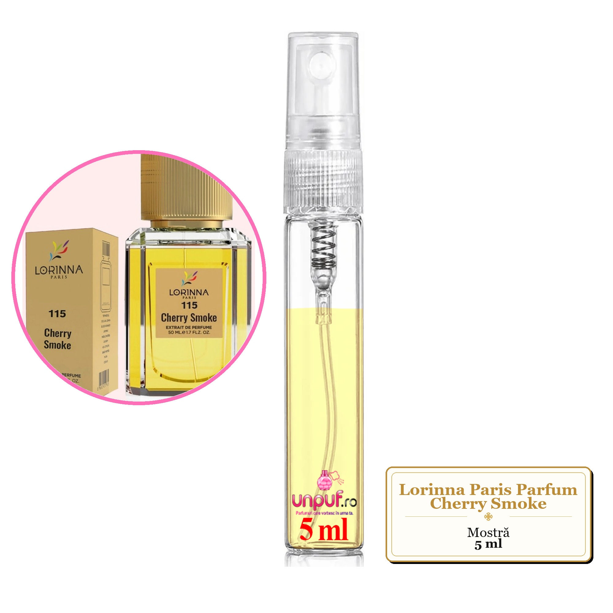 Mostra fiola din Parfumul Lorinna Paris Cherry Smoke, decant sticla cu pulverizator