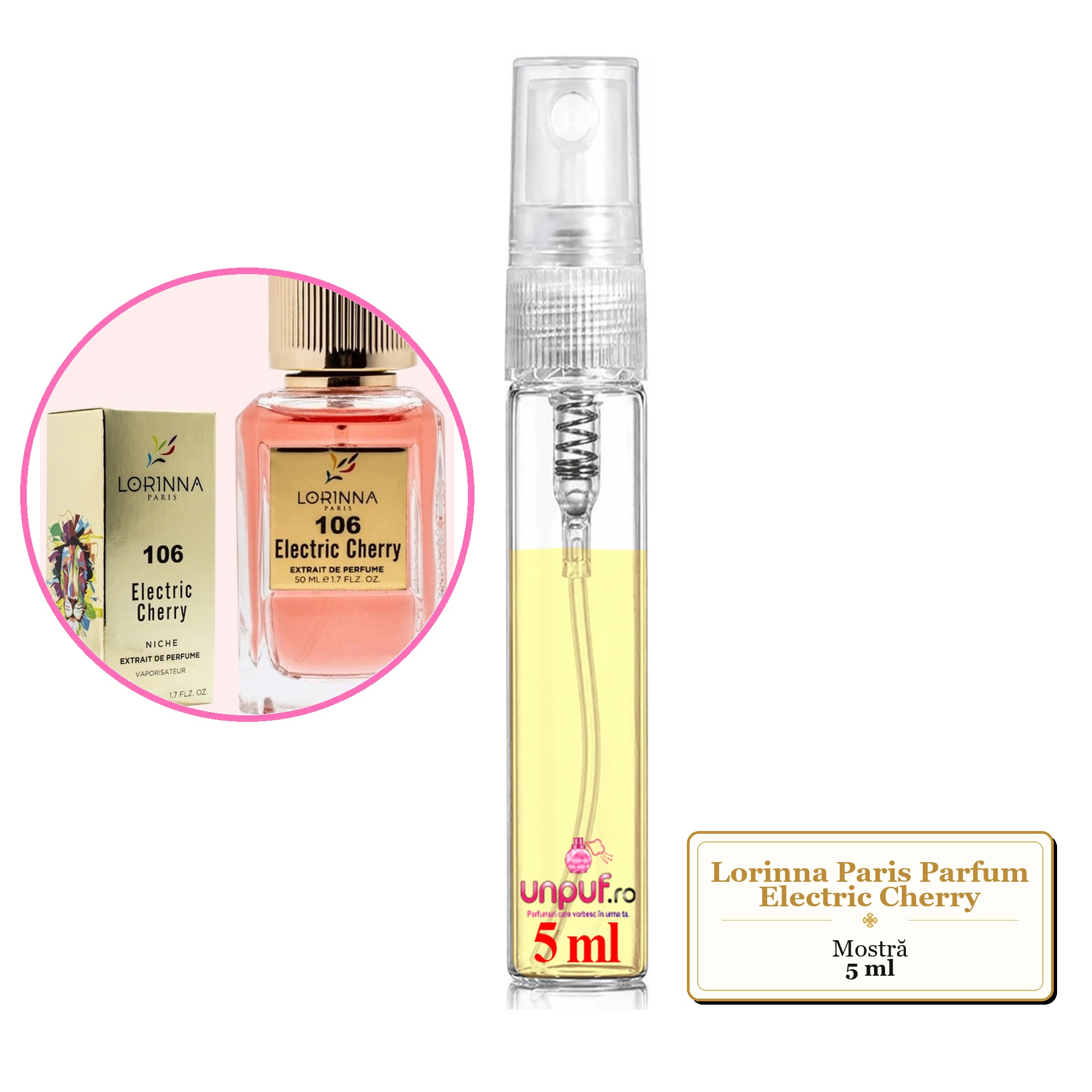 Mostra fiola din Parfumul Lorinna Paris Electric Cherry, decant sticla cu pulverizator