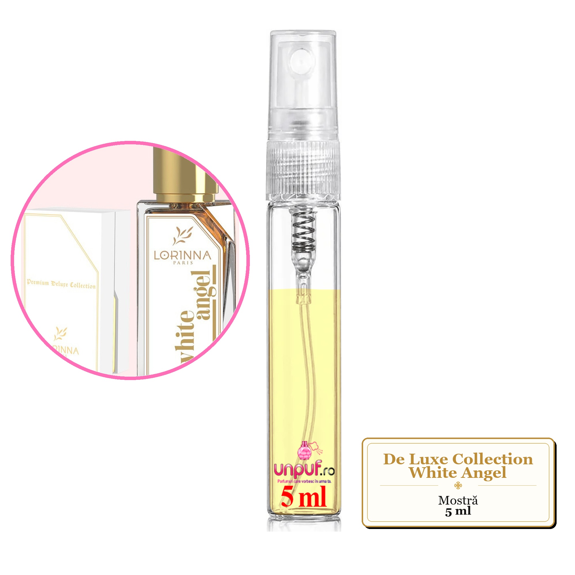 Mostra fiola din Parfumul De Luxe Collection White Angel, decant sticla cu pulverizator