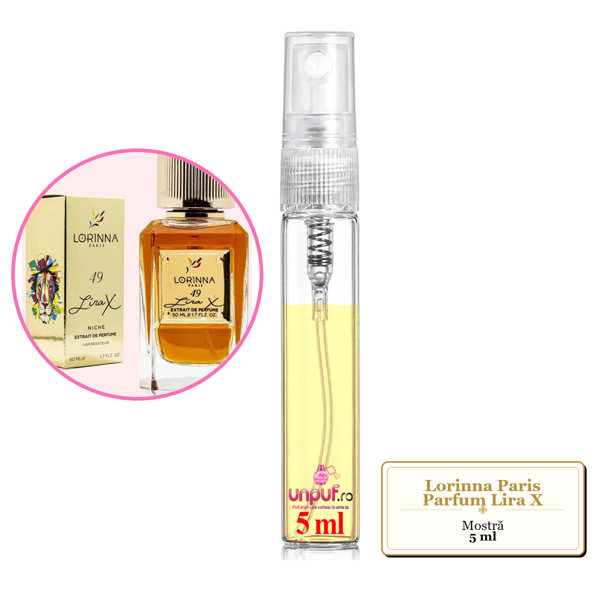 Mostra fiola din Parfumul Lorinna Paris Lira X, decant sticla cu pulverizator