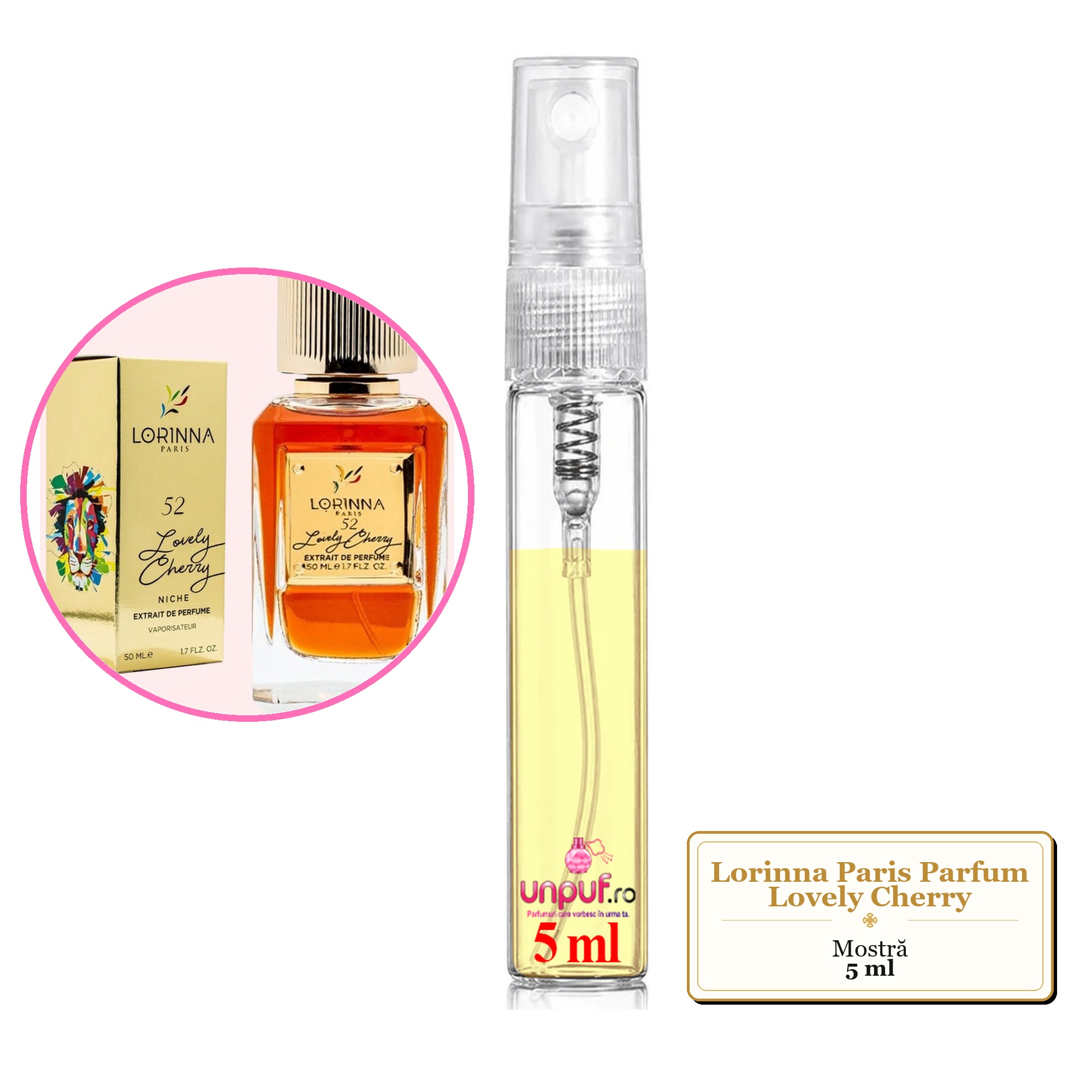 Mostra fiola din Parfumul Lorinna Paris Lovely Cherry, decant sticla cu pulverizator