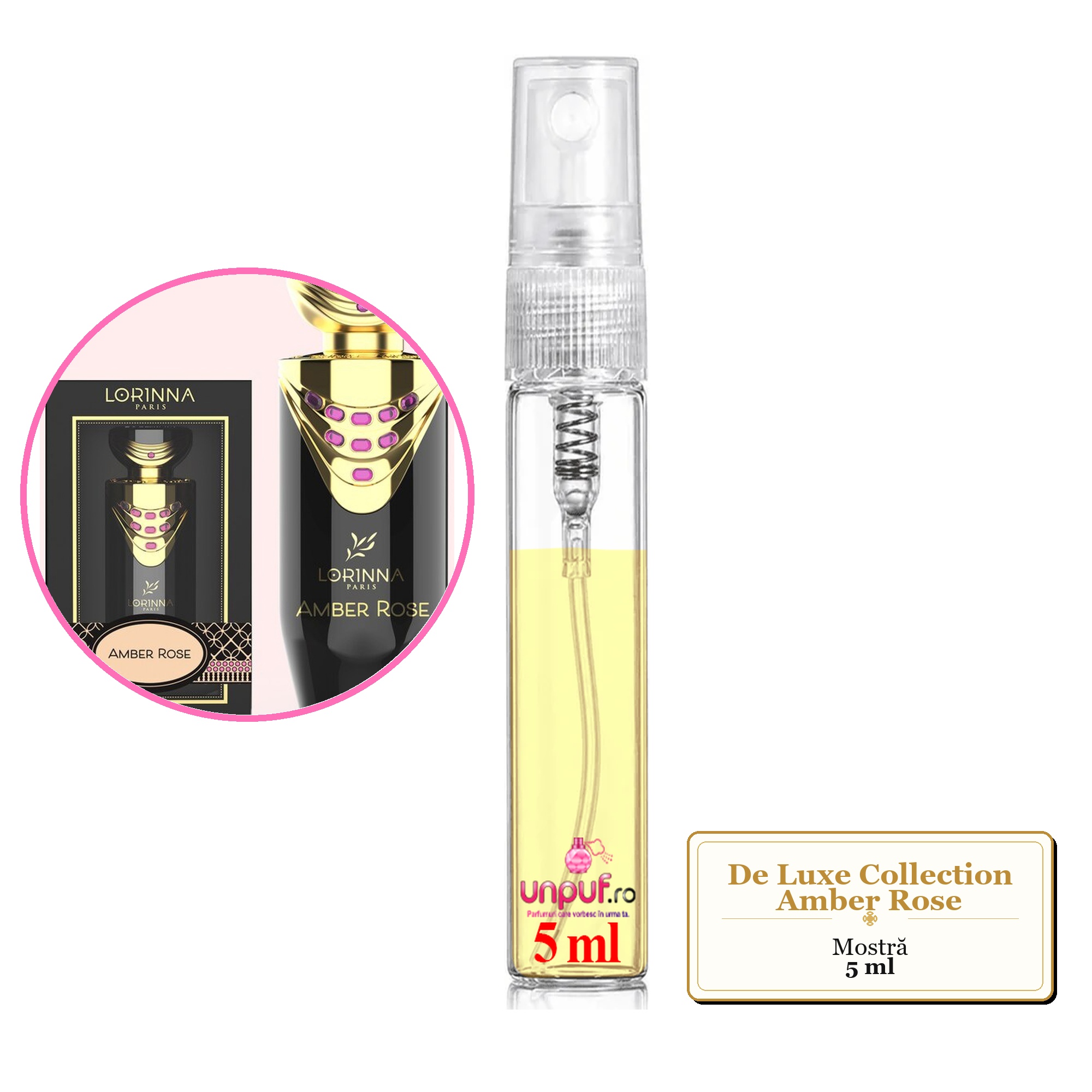 Mostra fiola din Parfumul De Luxe Collection Amber Rose, decant sticla cu pulverizator